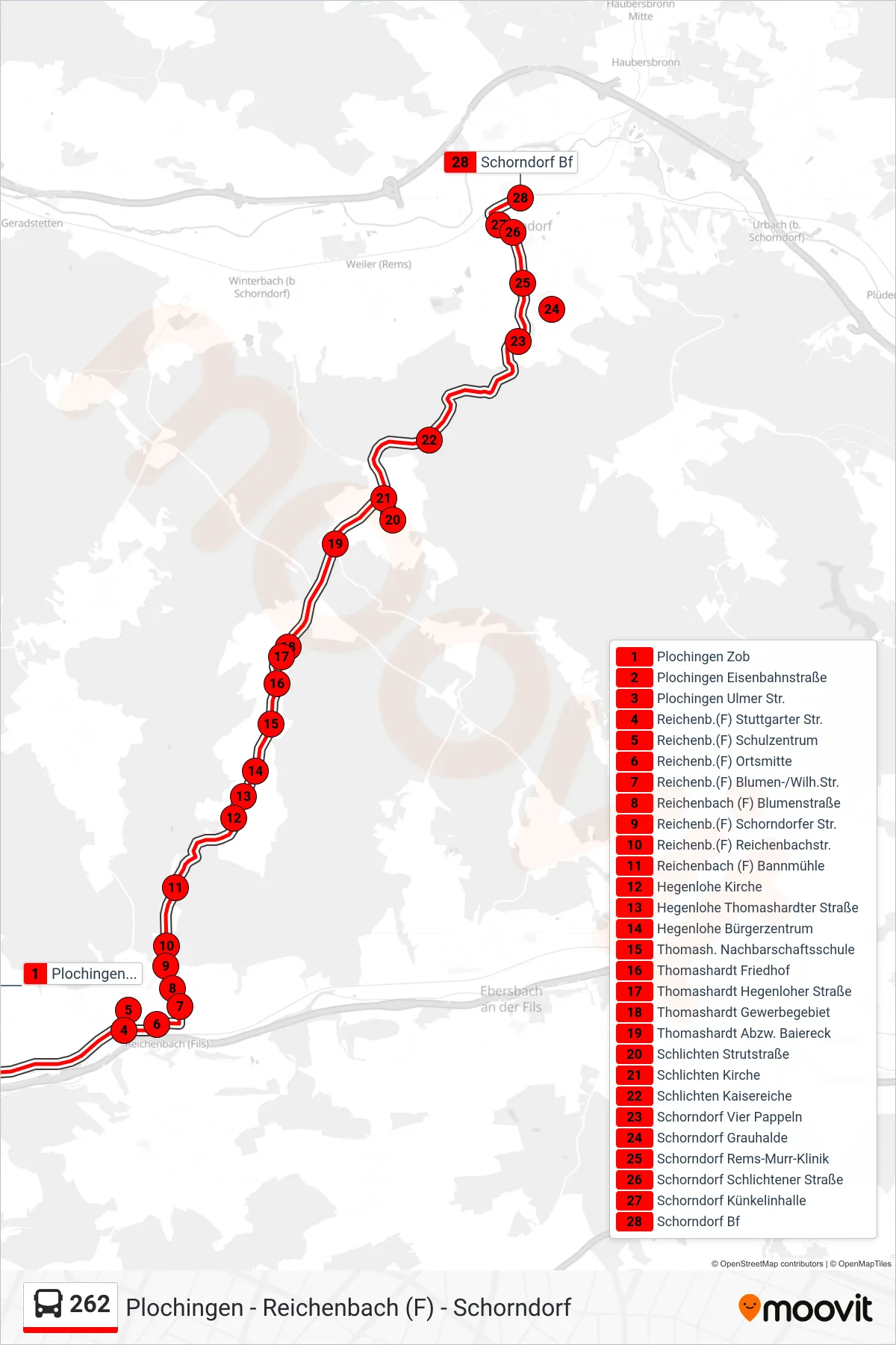 262 bus Line (Schorndorf Bf) route and stops on a map