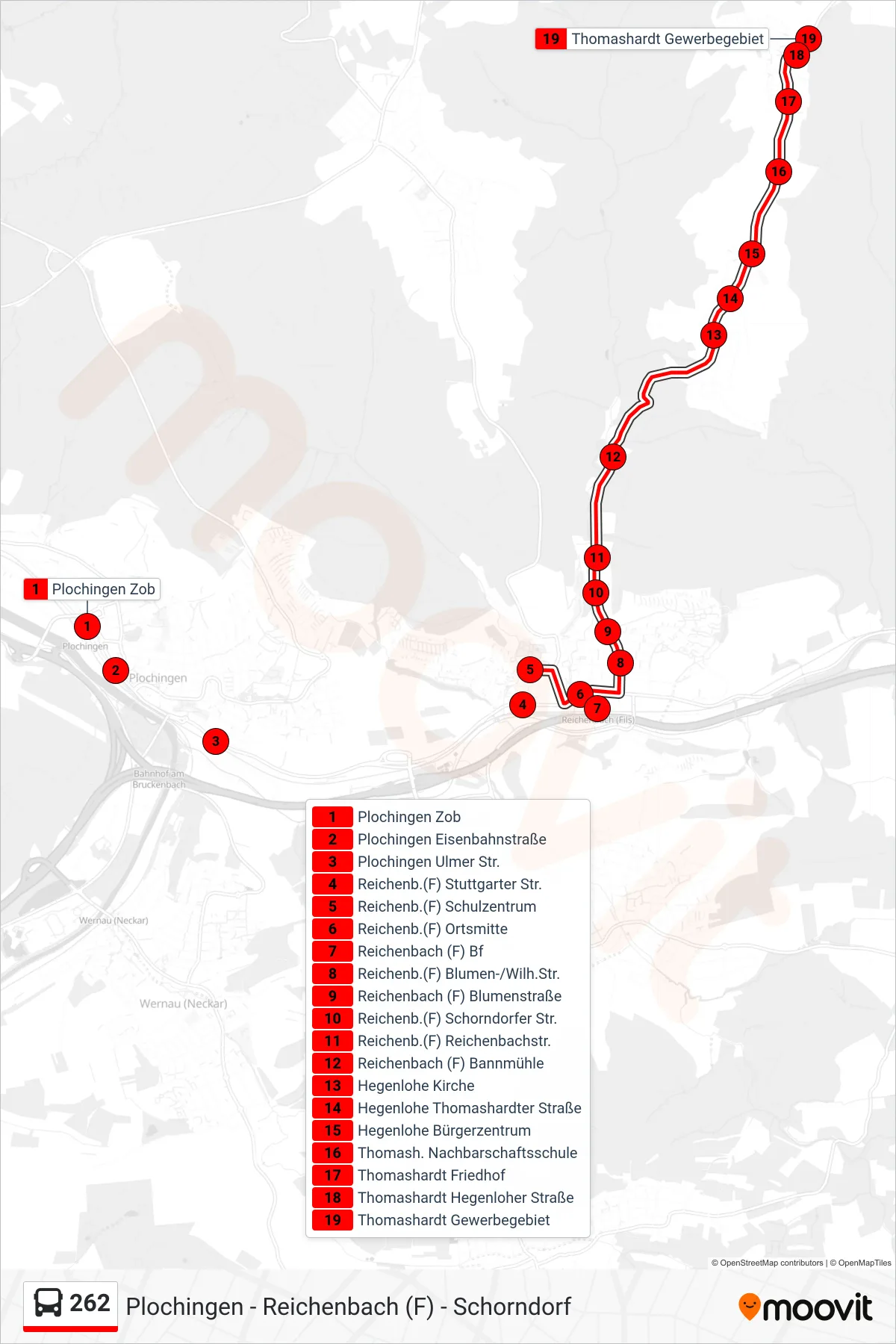 262 bus Line (Thomashardt Gewerbegebiet) route and stops on a map