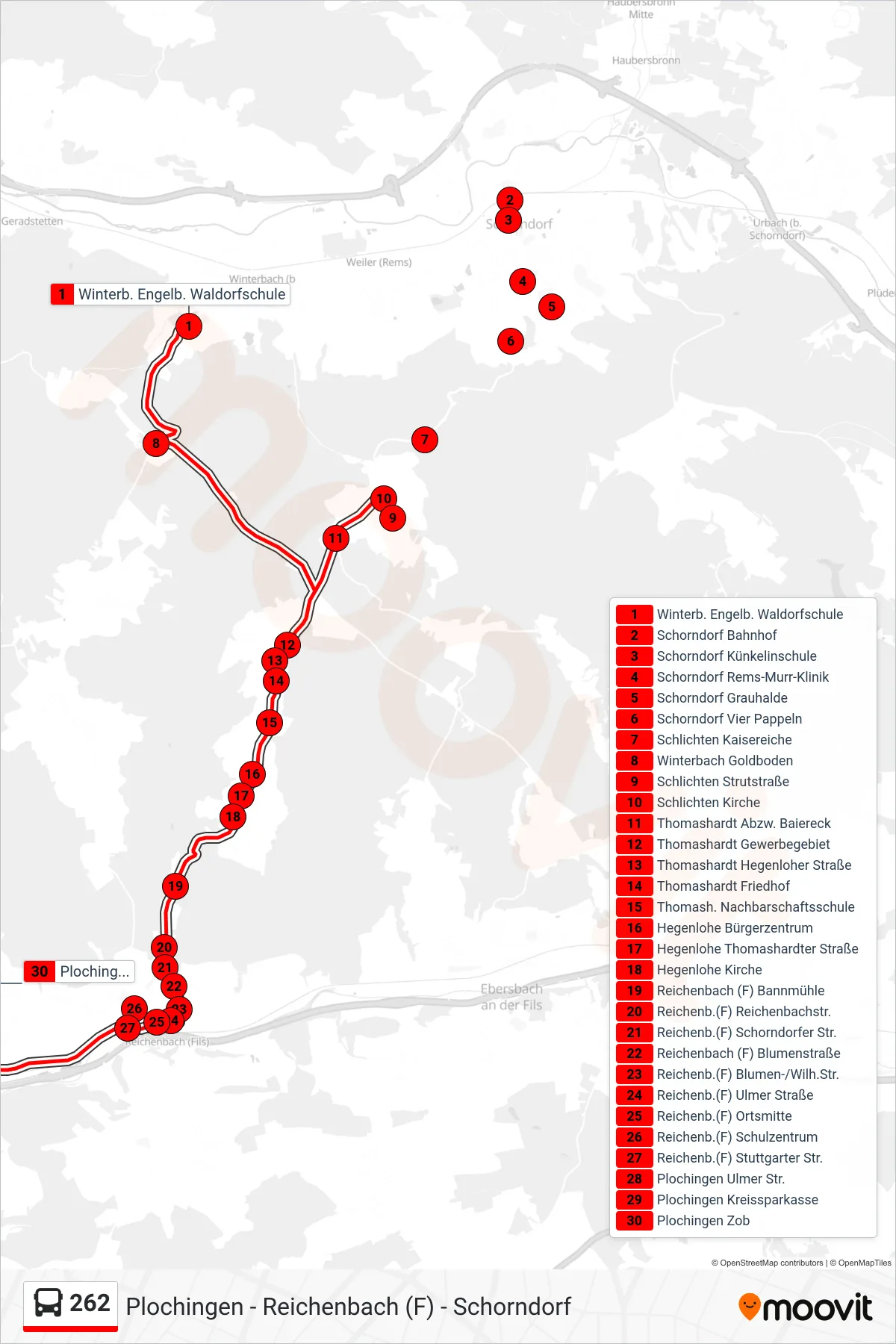 262 bus Line (Plochingen Zob) route and stops on a map