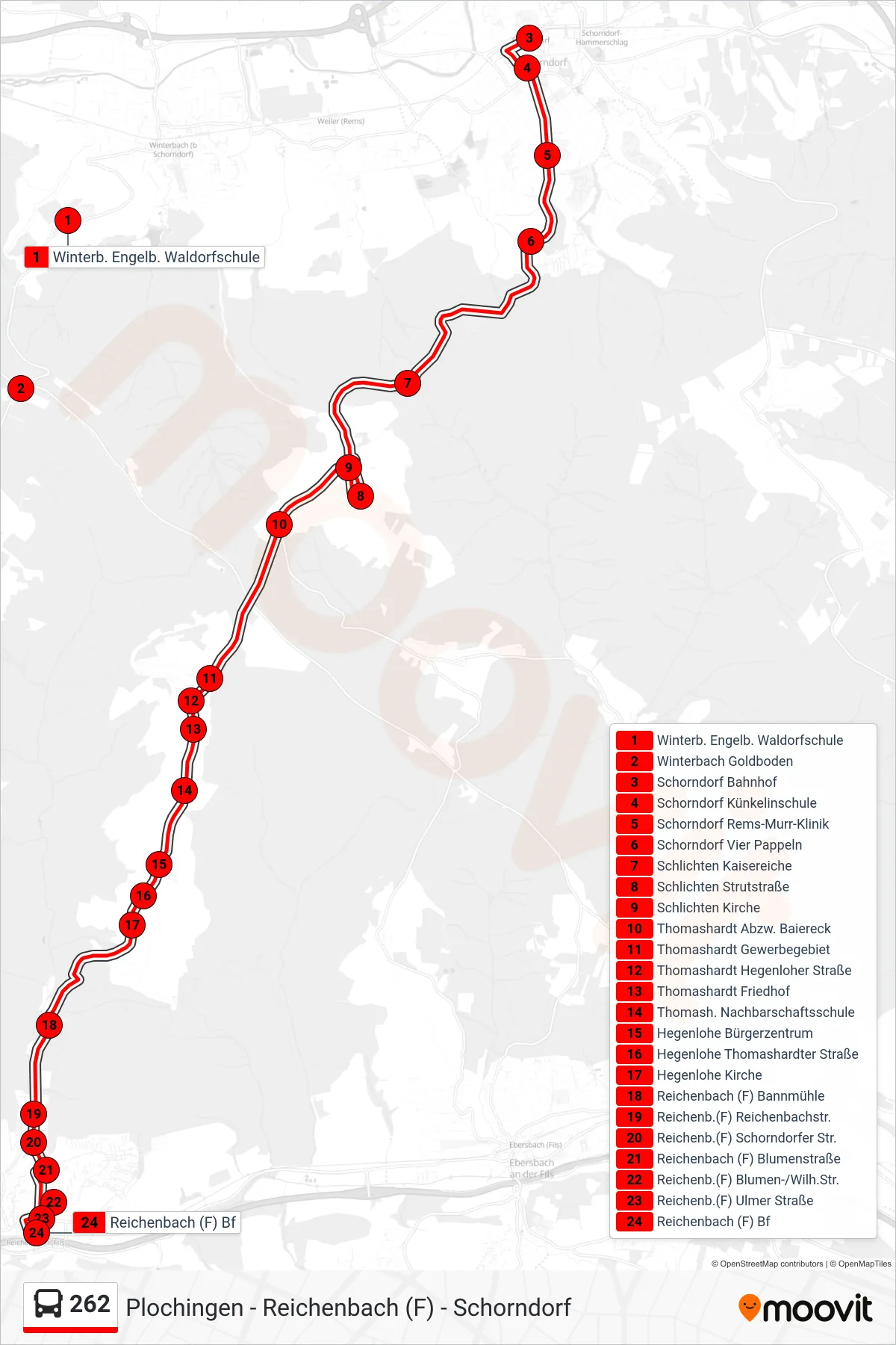 Linie 262 (Bus) Richtung Reichenbach (F) Bf: Route und Haltestellen auf der Karte