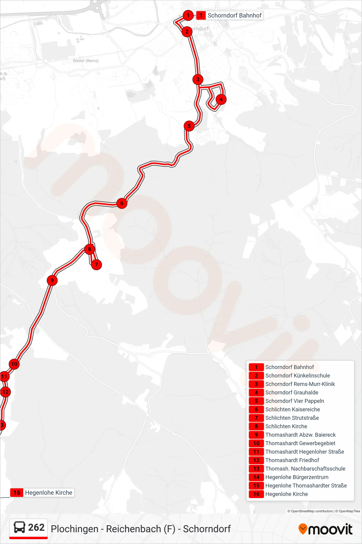 262 bus Line (Hegenlohe Kirche) route and stops on a map