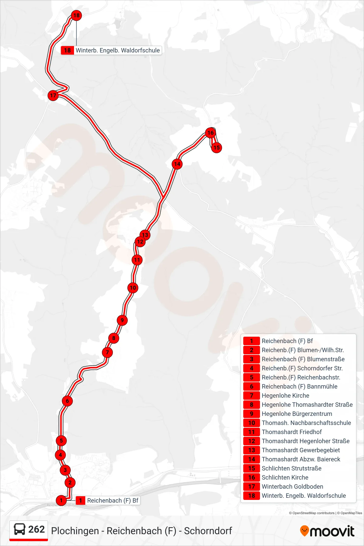 262 bus Line (Winterb. Engelb. Waldorfschule) route and stops on a map