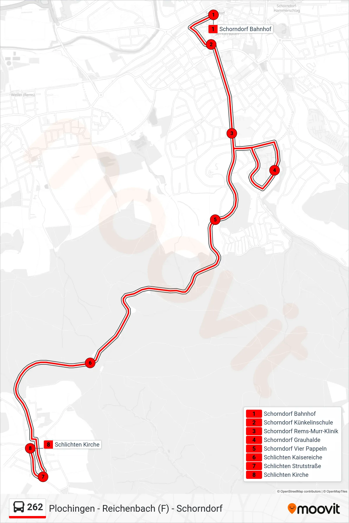 262 bus Line (Schlichten Kirche) route and stops on a map