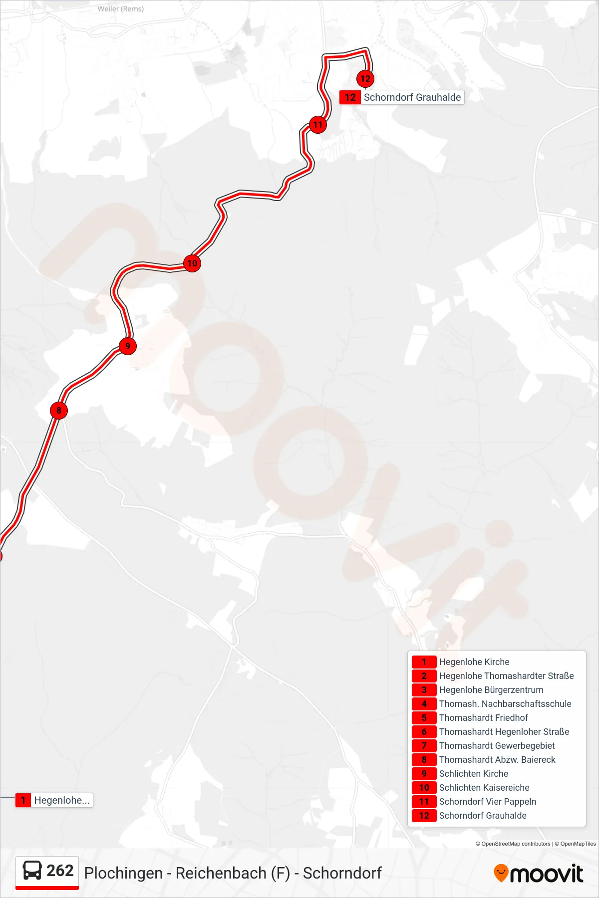 262 bus Line (Schorndorf Grauhalde) route and stops on a map