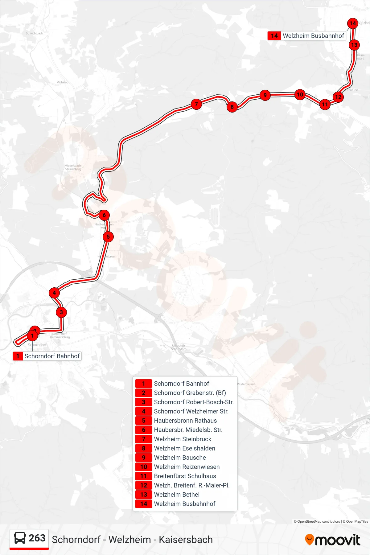 Linie 263 (Bus) Richtung Welzheim Busbahnhof: Route und Haltestellen auf der Karte