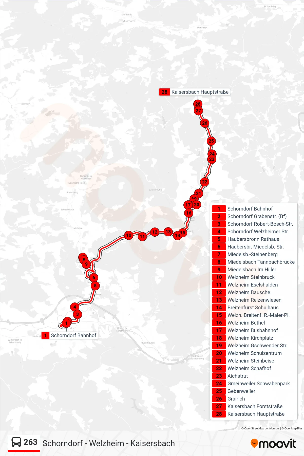 263 bus Line (Kaisersbach Hauptstraße) route and stops on a map