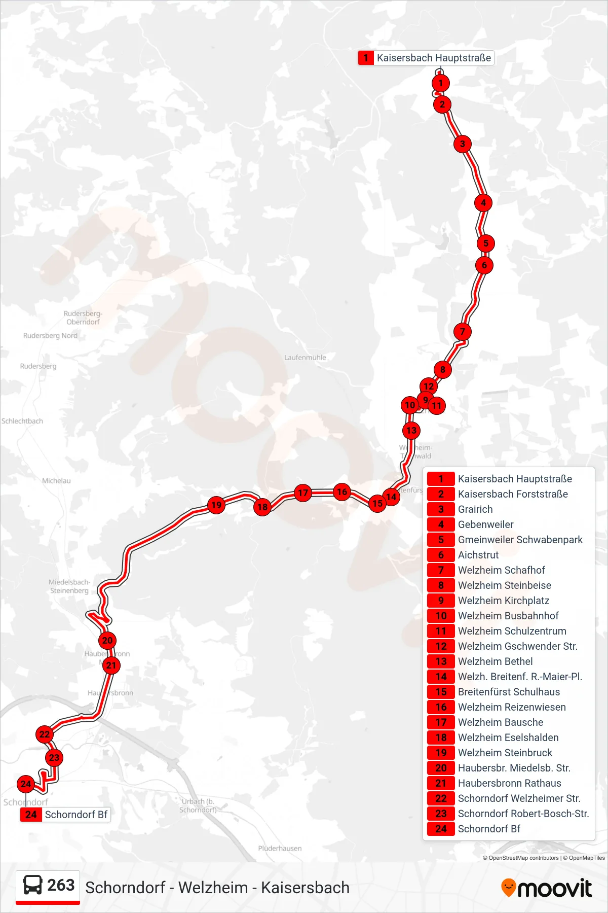 263 bus Line (Schorndorf Bf) route and stops on a map