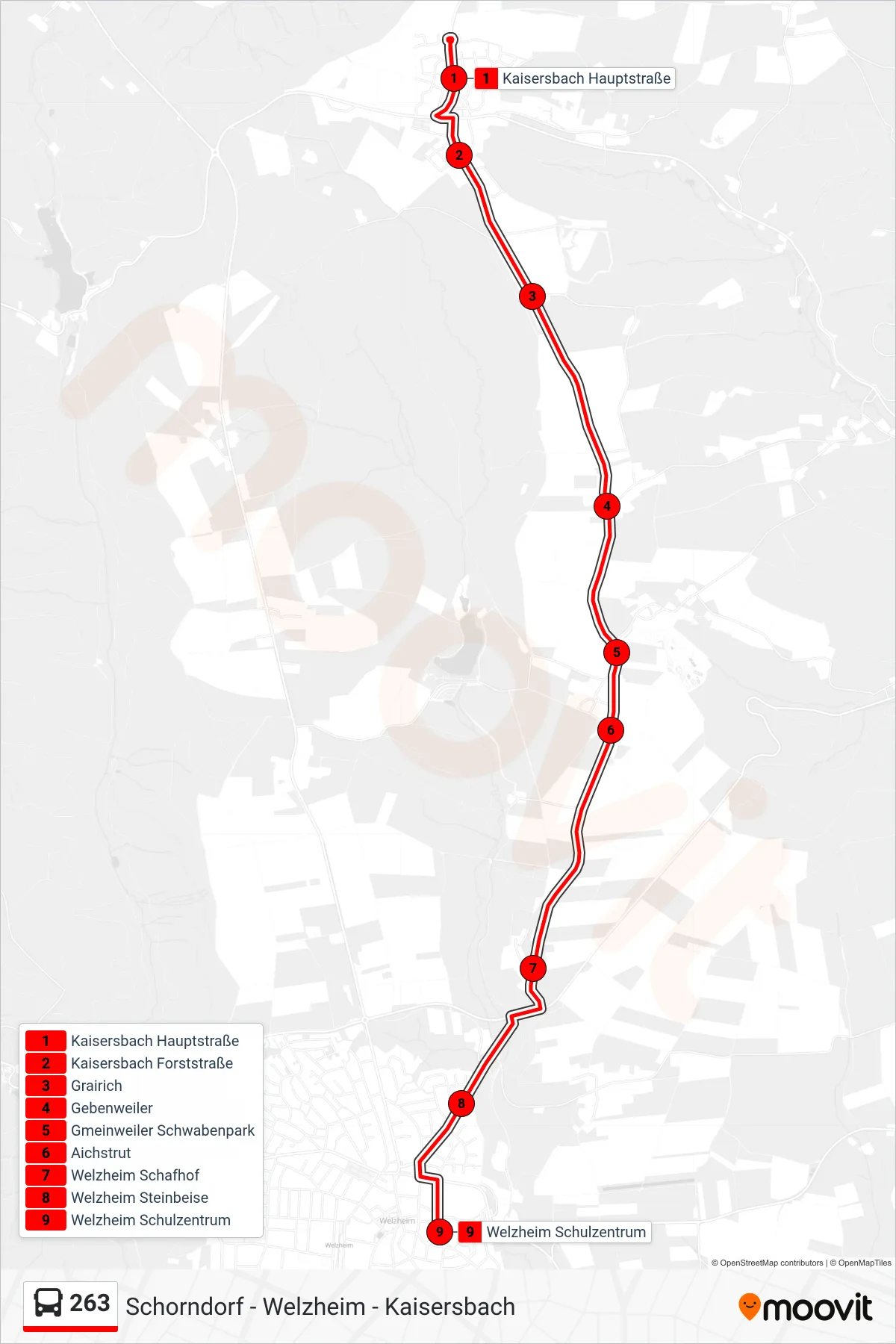 263 bus Line (Welzheim Schulzentrum) route and stops on a map