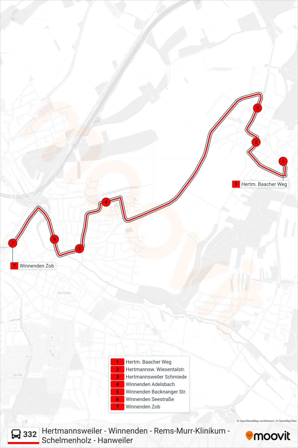 332 bus Line (Winnenden Zob) route and stops on a map