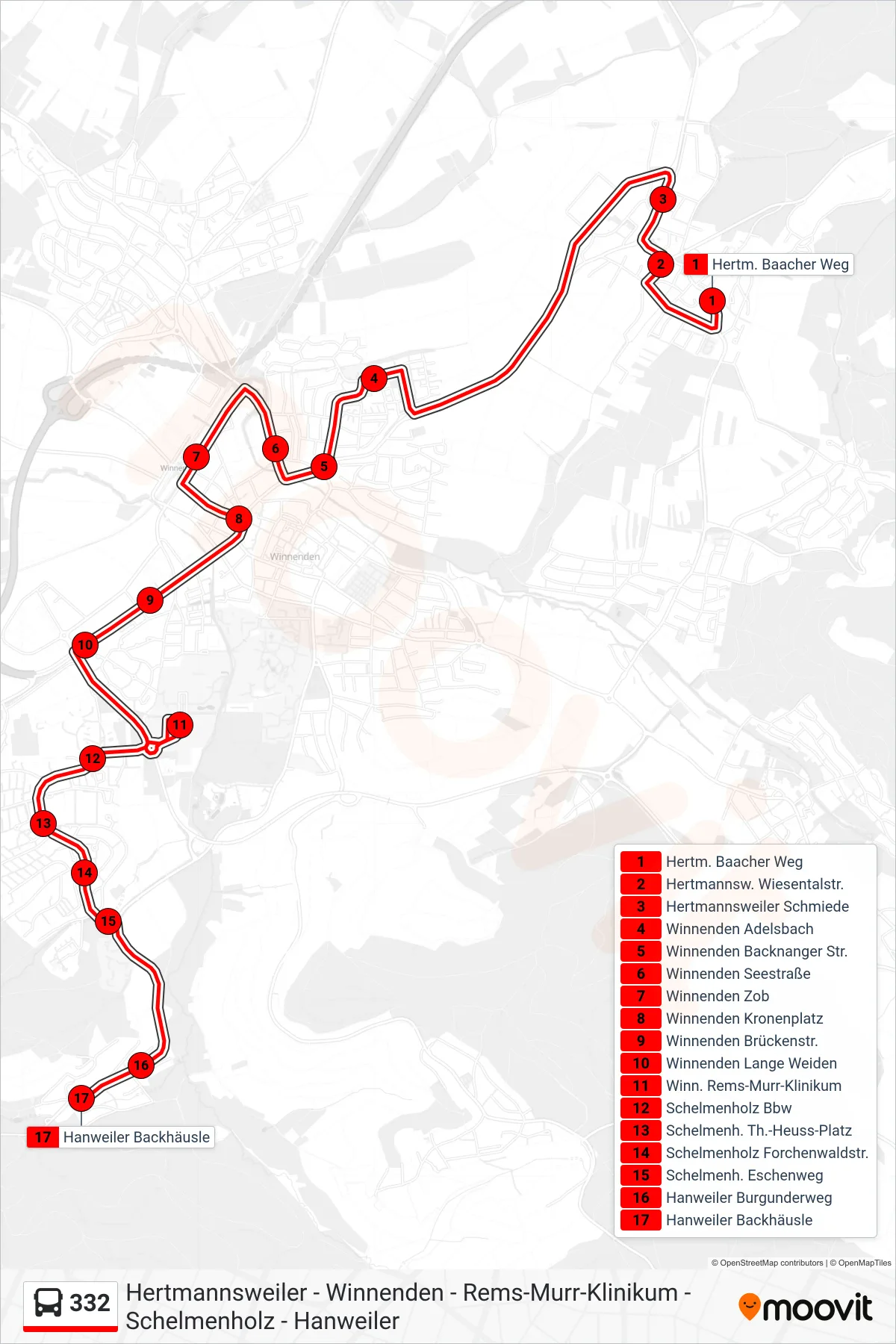 332 bus Line (Hanweiler Backhäusle) route and stops on a map