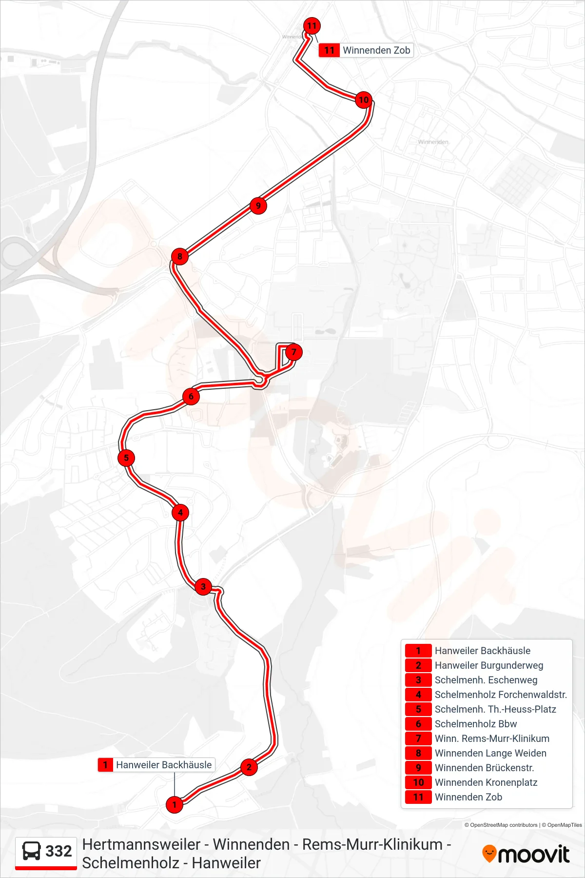 332 bus Line (Winnenden Zob) route and stops on a map