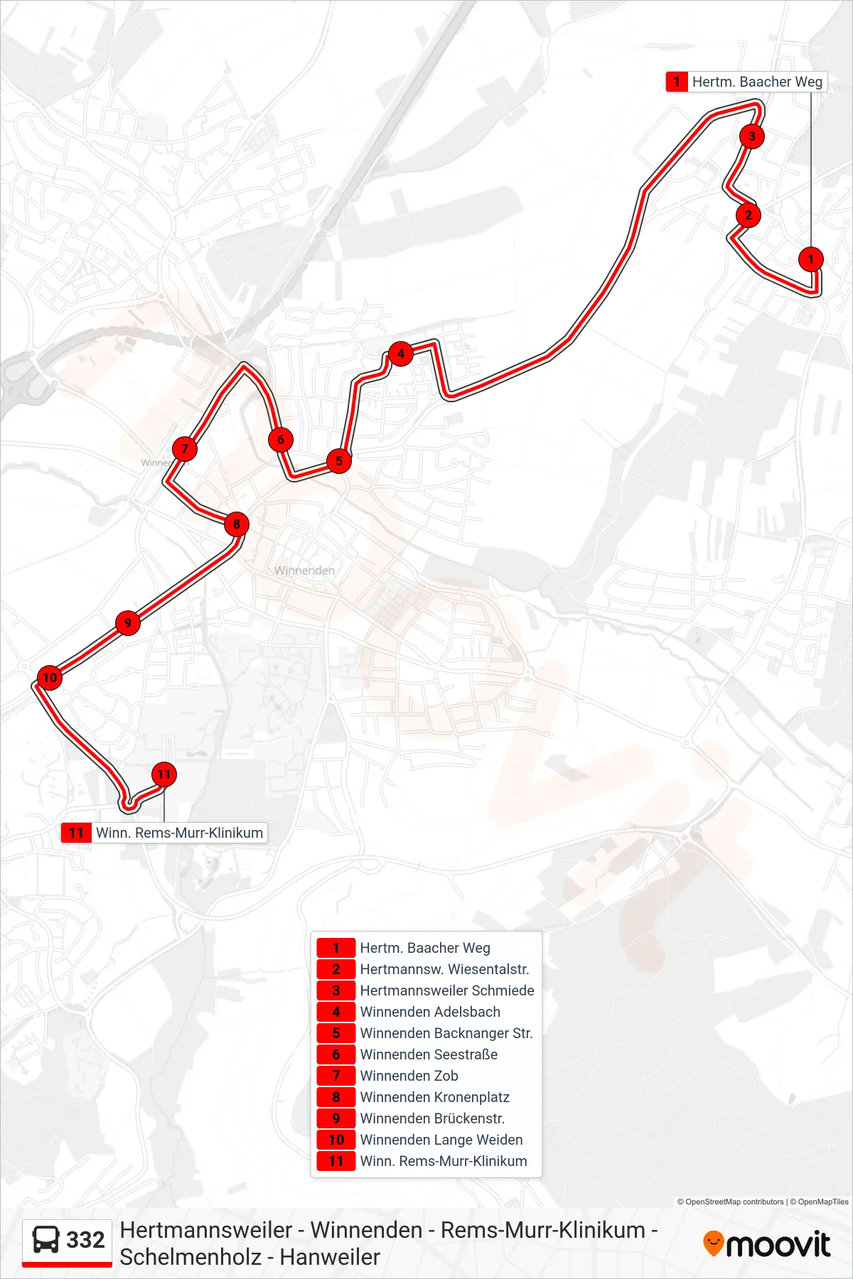 Linie 332 (Bus) Richtung Winn. Rems-Murr-Klinikum: Route und Haltestellen auf der Karte