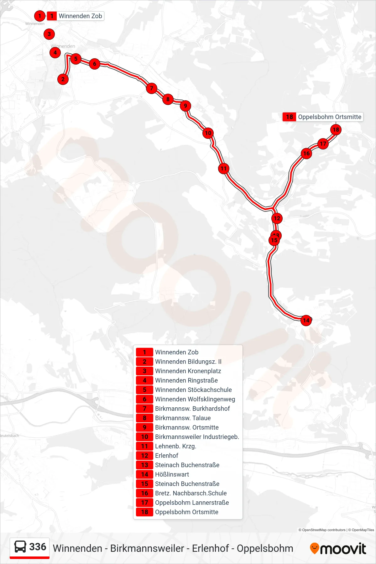 336 bus Line (Oppelsbohm Ortsmitte) route and stops on a map