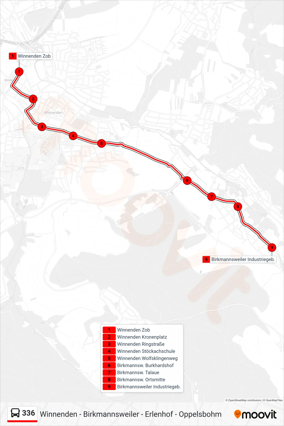 336 bus Line (Birkmannsweiler Industriegeb.) route and stops on a map