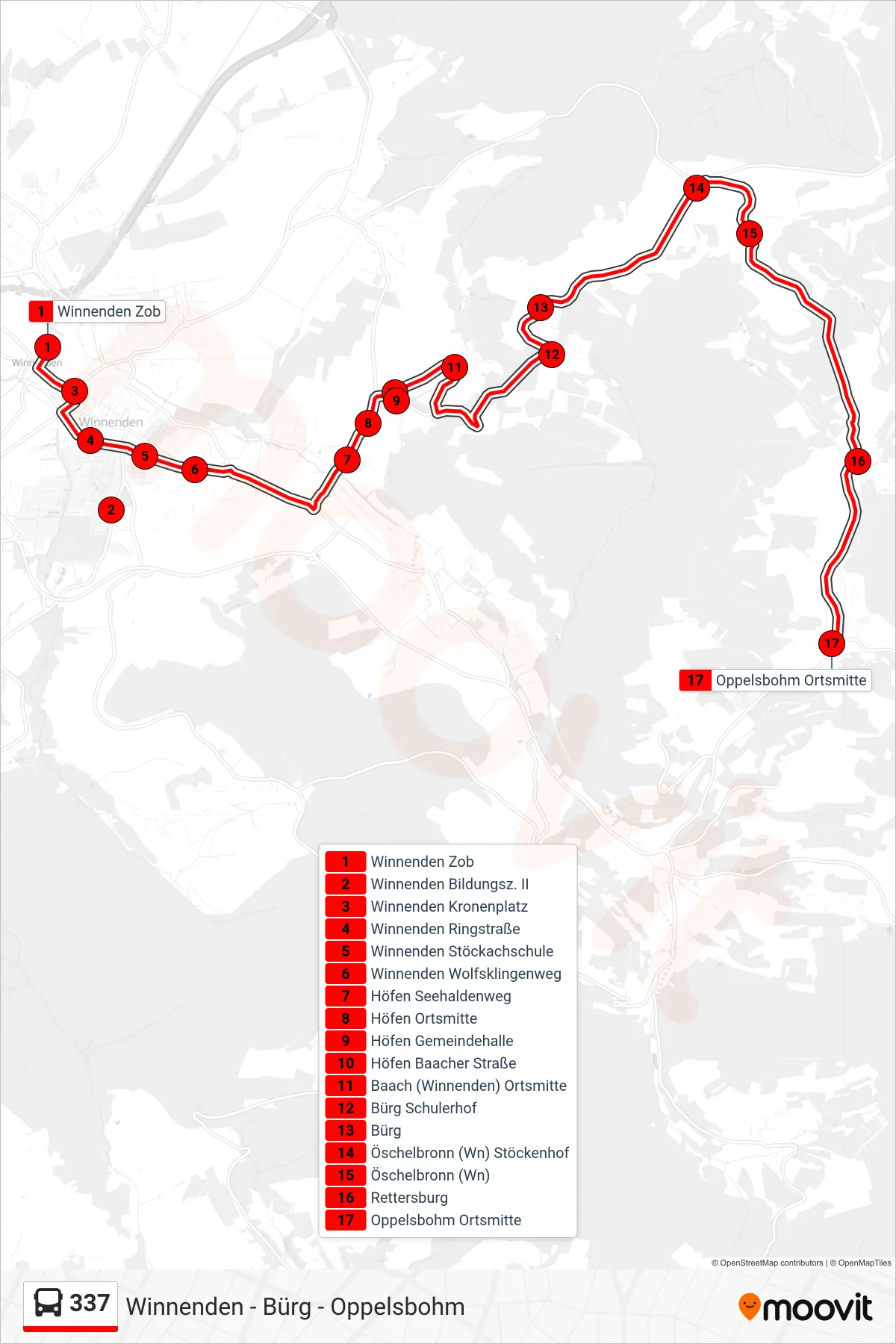 337 bus Line (Oppelsbohm Ortsmitte) route and stops on a map