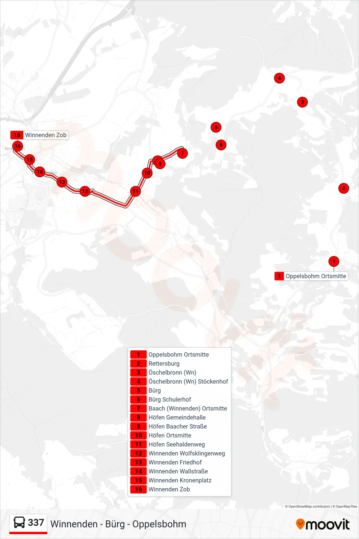 Linie 337 (Bus) Richtung Winnenden Zob: Route und Haltestellen auf der Karte