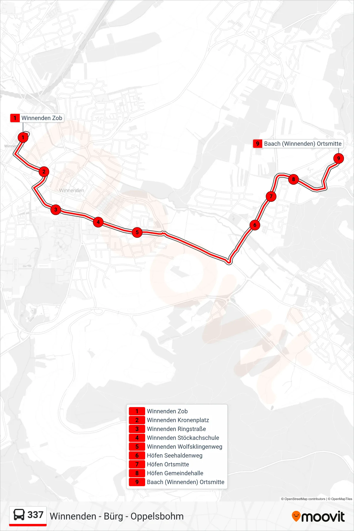 337 bus Line (Baach (Winnenden) Ortsmitte) route and stops on a map
