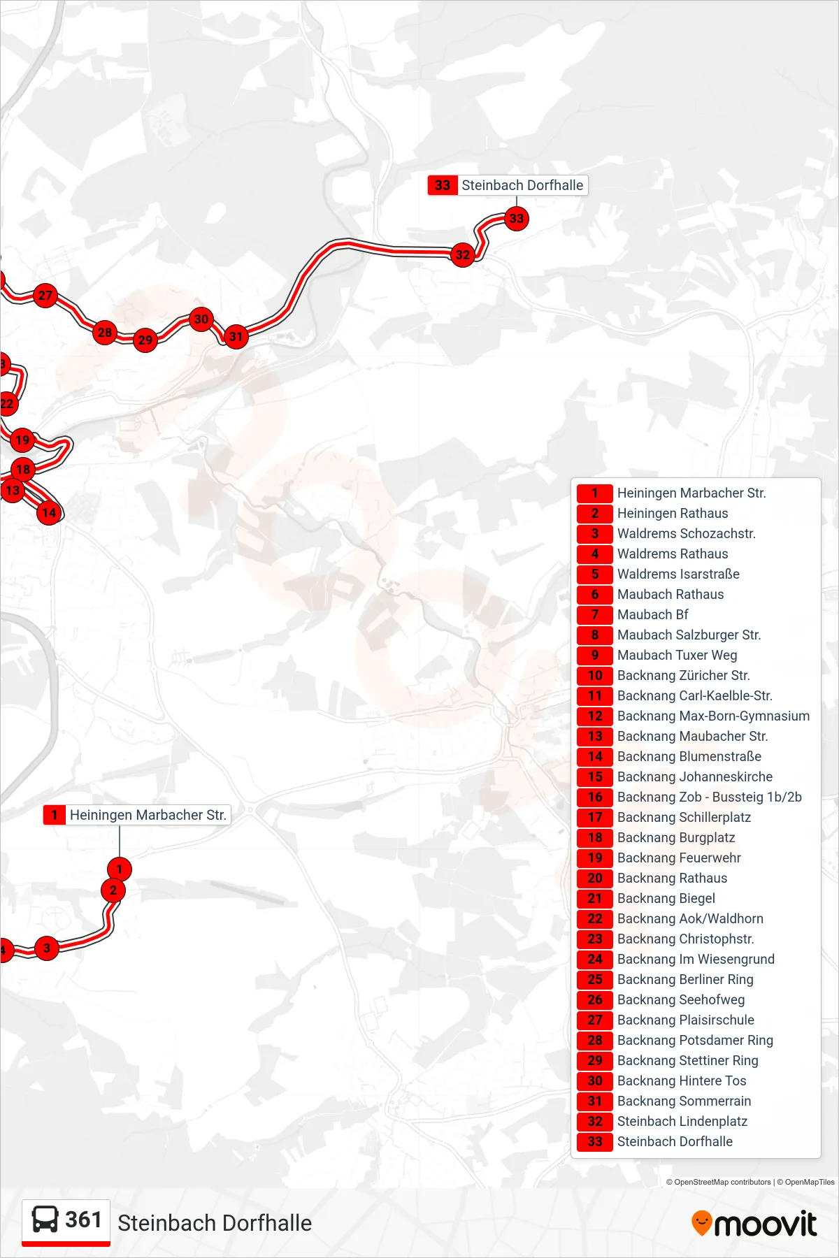 361 bus Line (Steinbach Dorfhalle) route and stops on a map