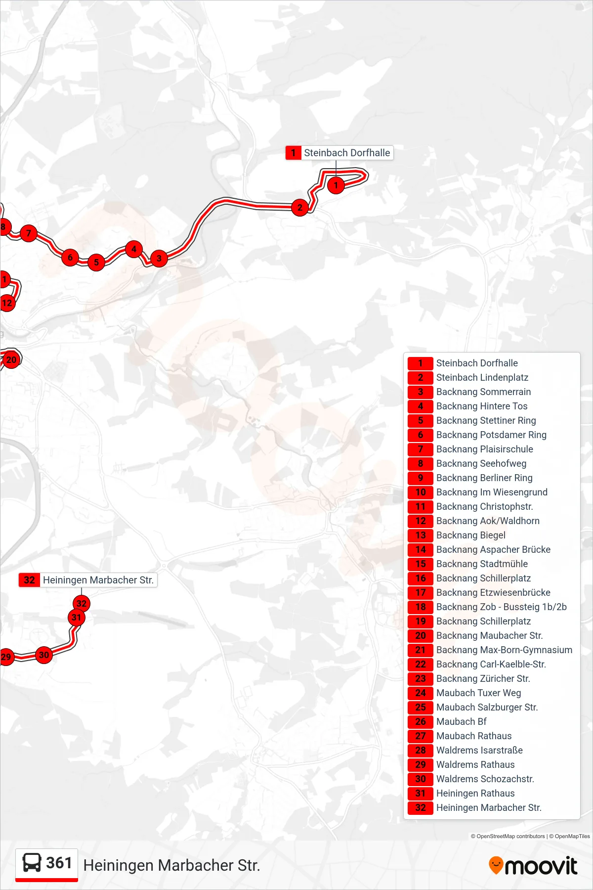 Linie 361 (Bus) Richtung Heiningen Marbacher Str.: Route und Haltestellen auf der Karte