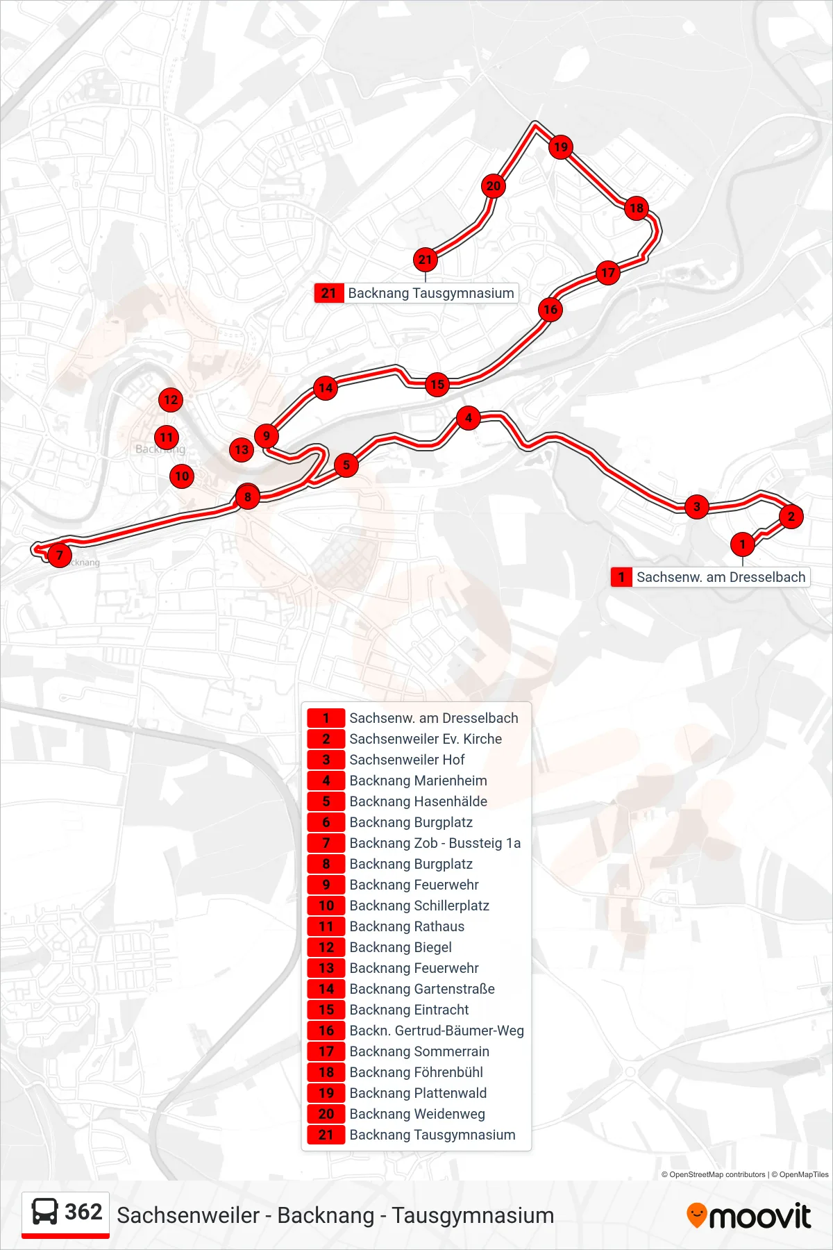 362 bus Line (Backnang Tausgymnasium) route and stops on a map