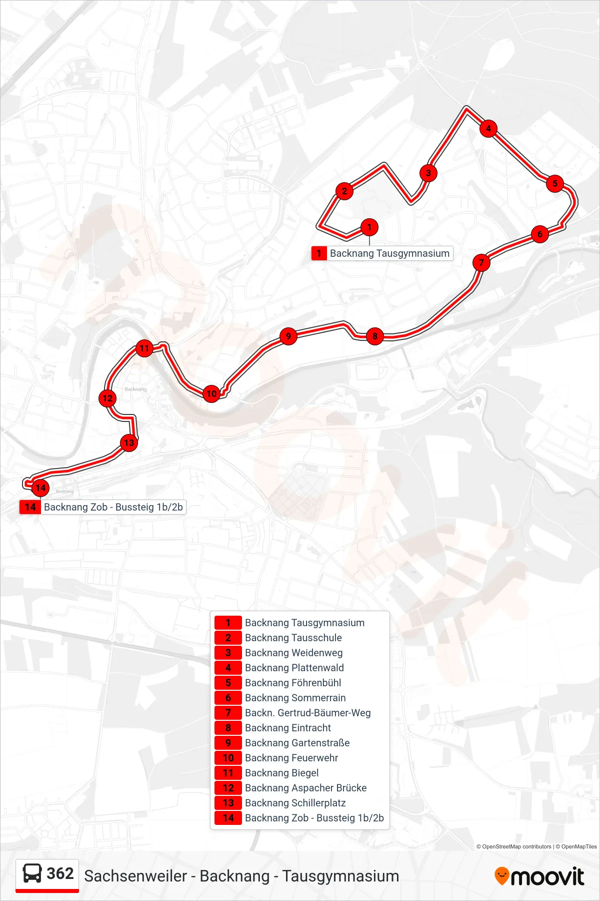 362 bus Line (Backnang Zob) route and stops on a map
