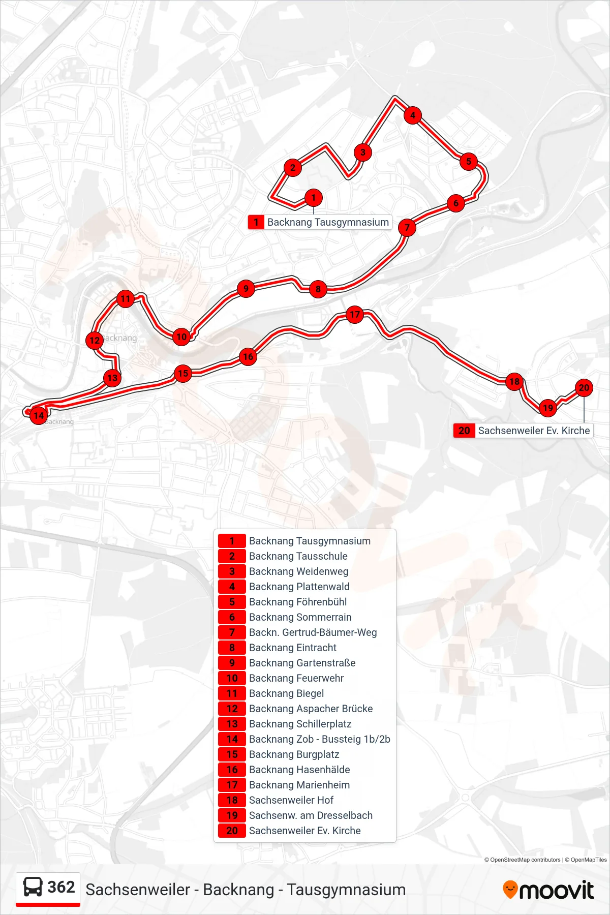 362 bus Line (Sachsenweiler Ev. Kirche) route and stops on a map