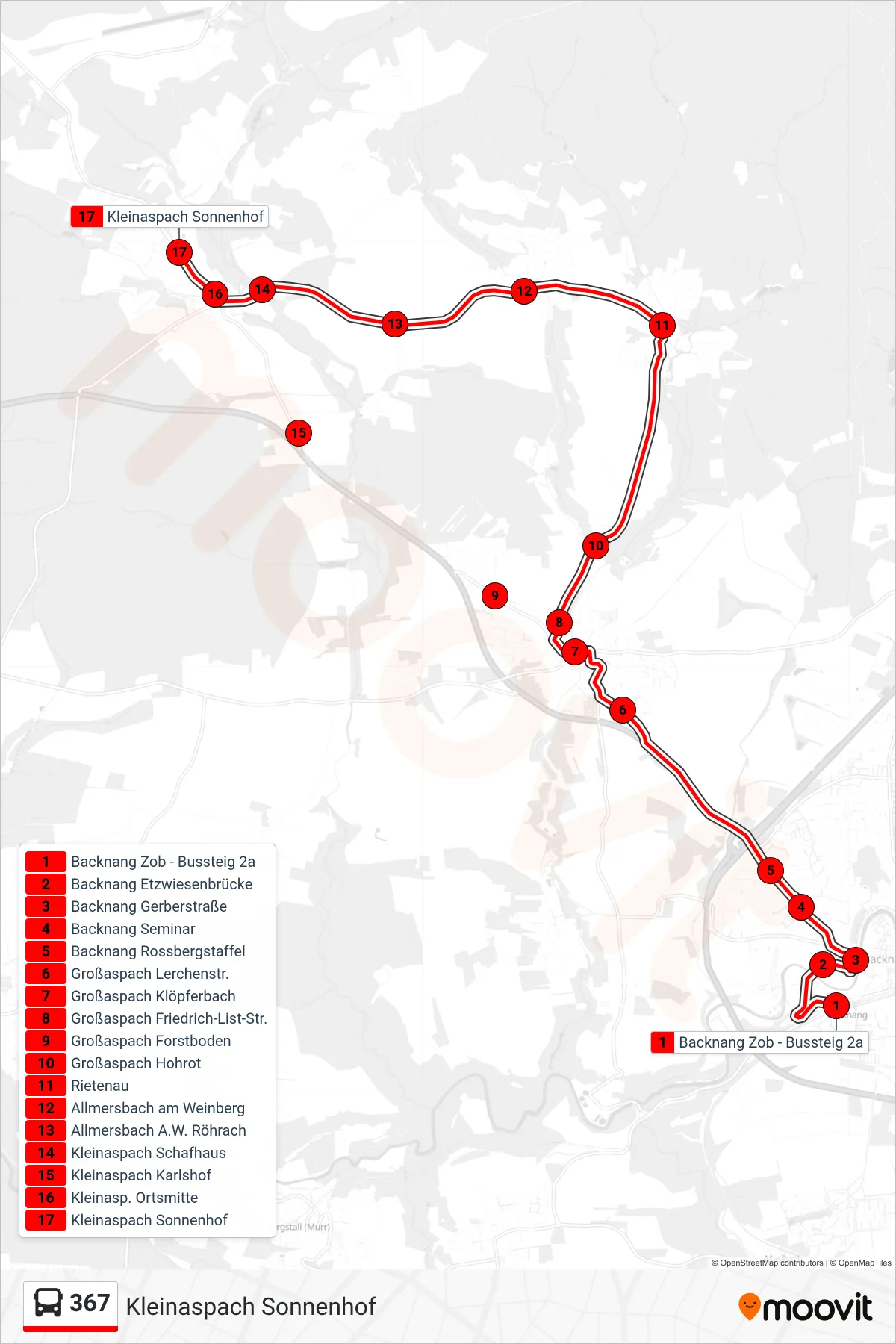 367 bus Line (Kleinaspach Sonnenhof) route and stops on a map