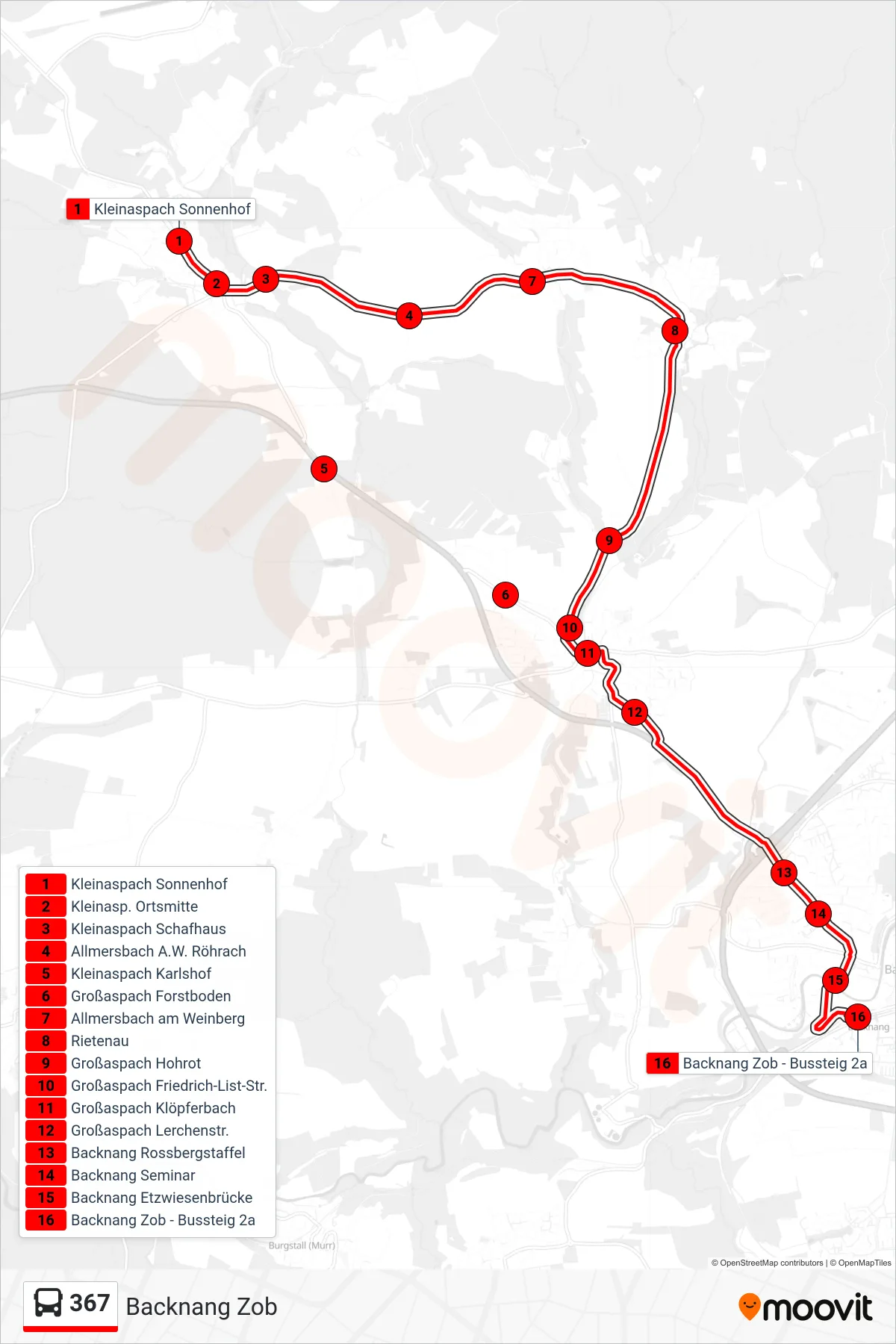Linie 367 (Bus) Richtung Backnang Zob: Route und Haltestellen auf der Karte