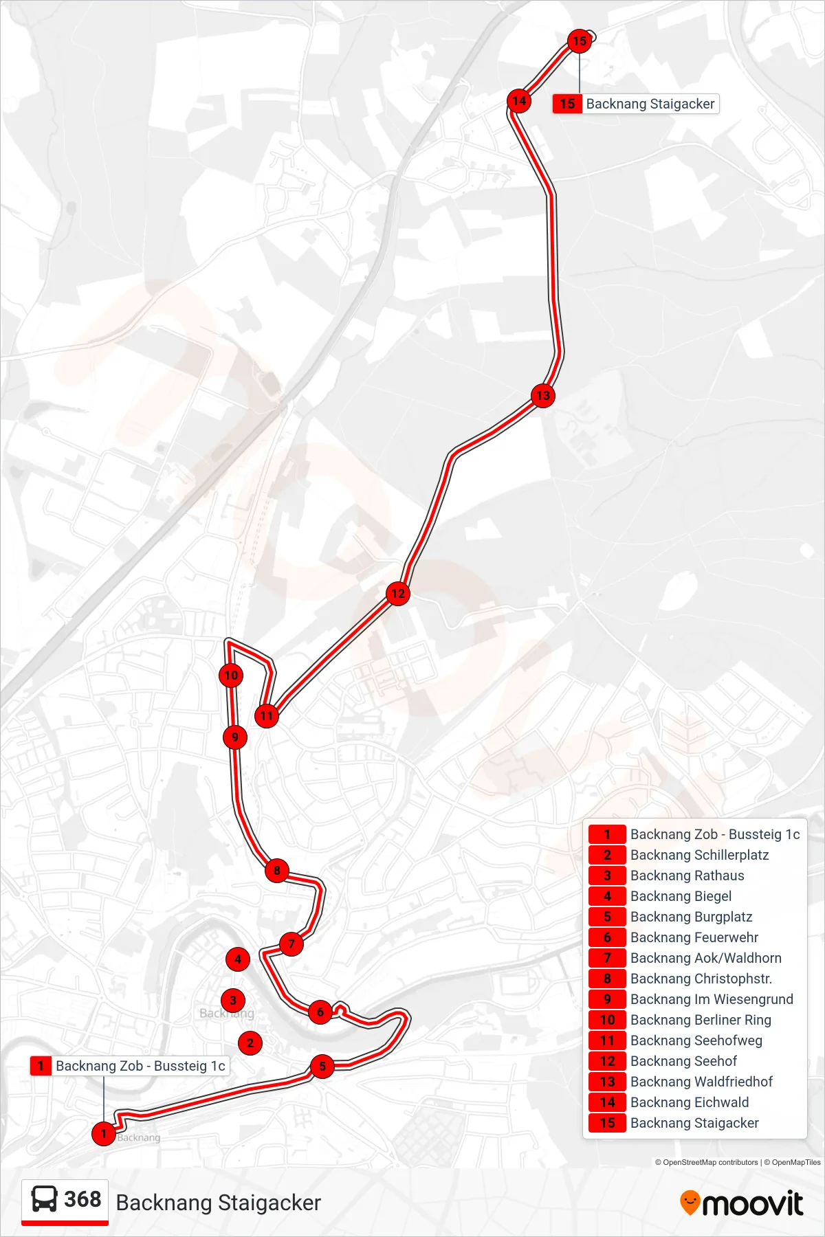 Linie 368 (Bus) Richtung Backnang Staigacker: Route und Haltestellen auf der Karte