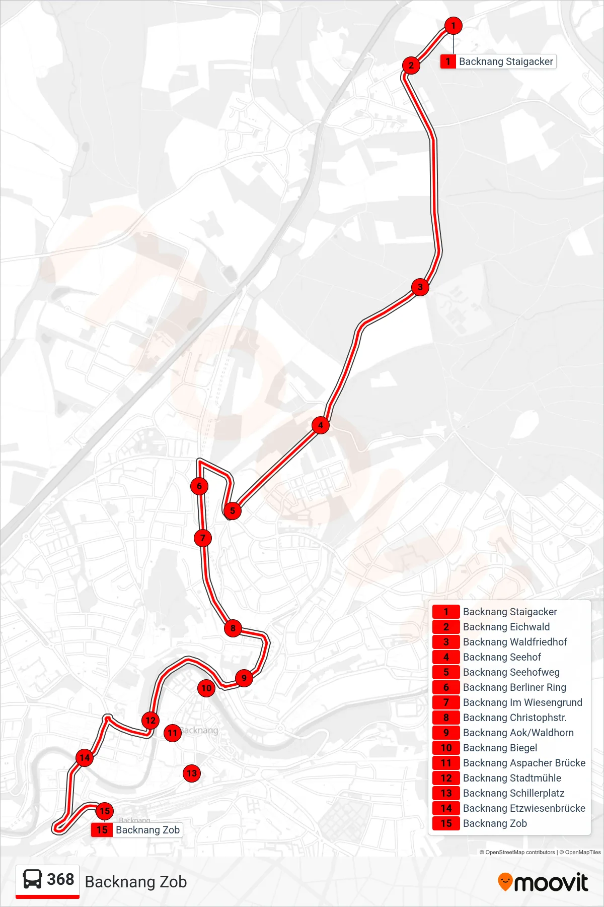 368 bus Line (Backnang Zob) route and stops on a map