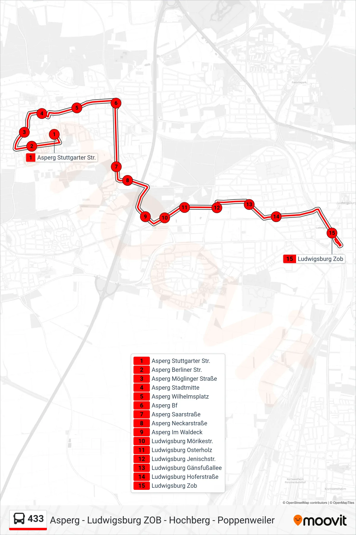 433 bus Line (Ludwigsburg Zob) route and stops on a map
