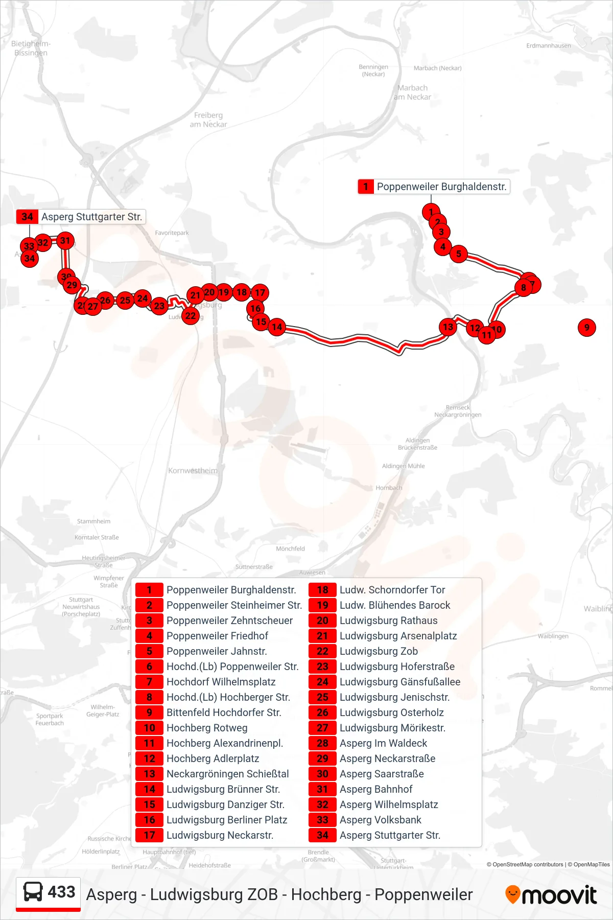 433 bus Line (Asperg Stuttgarter Str.) route and stops on a map