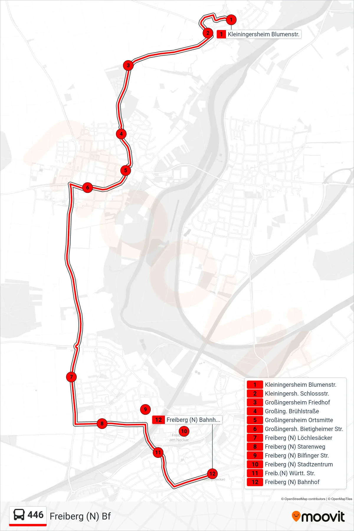 Linie 446 (Bus) Richtung Freiberg (N) Bf: Route und Haltestellen auf der Karte