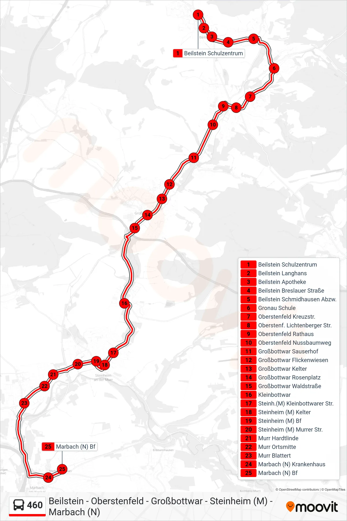 460 bus Line (Marbach (N) Bf) route and stops on a map