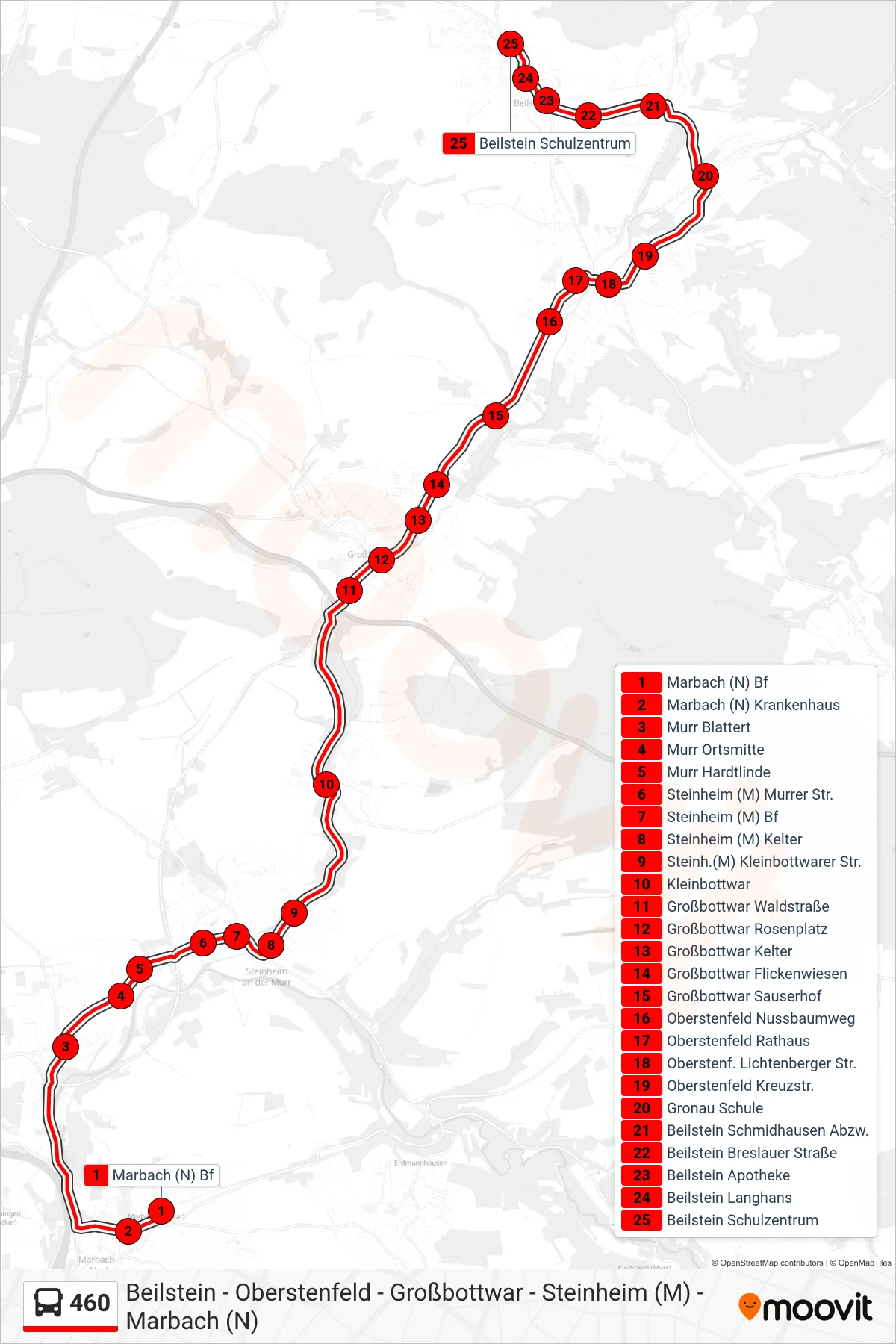 460 bus Line (Beilstein Schulzentrum) route and stops on a map