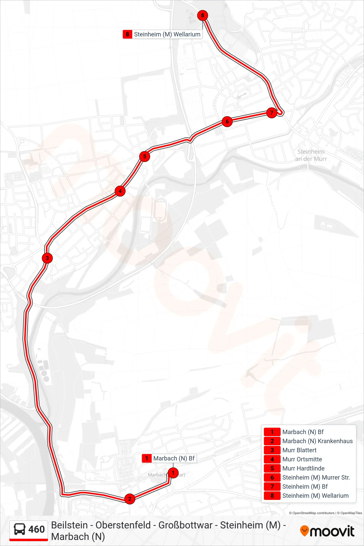 Linie 460 (Bus) Richtung Steinheim (M) Wellarium: Route und Haltestellen auf der Karte