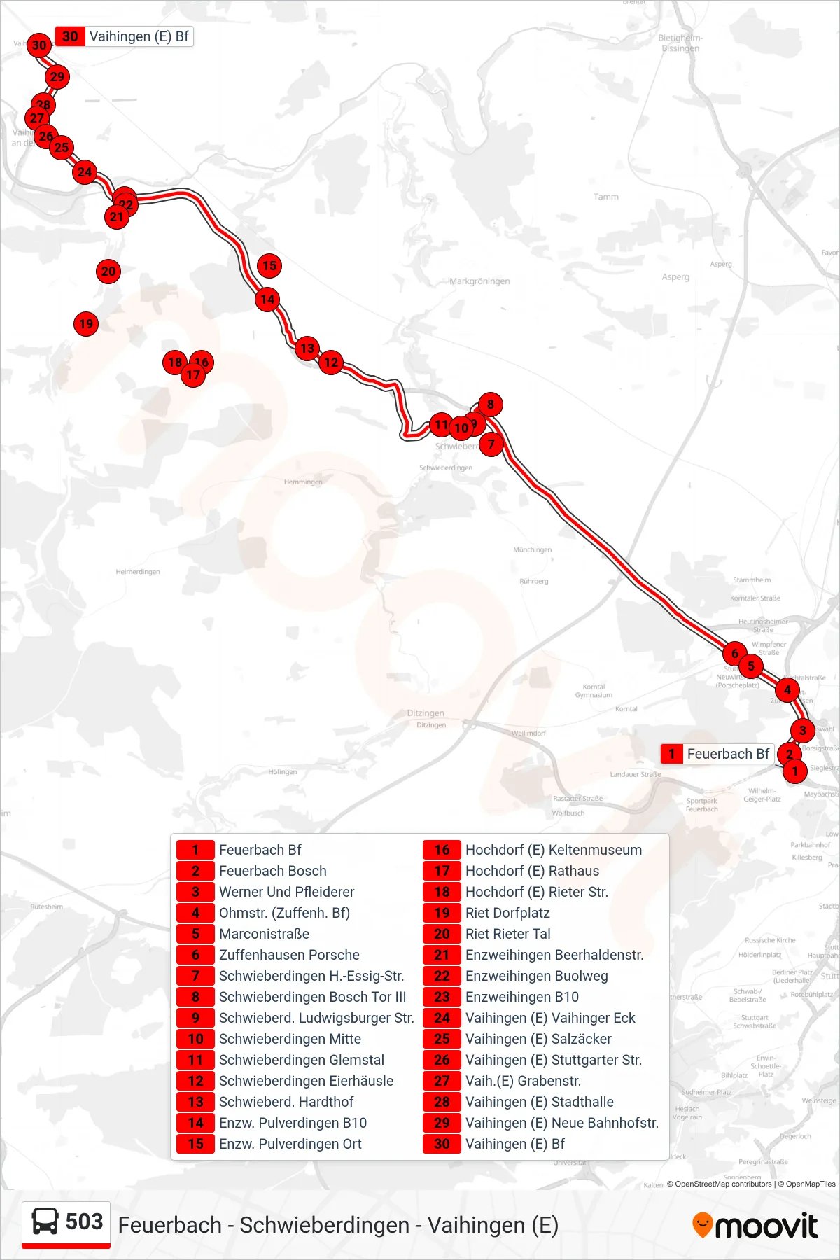 Linie 503 (Bus) Richtung Vaihingen (E) Bf: Route und Haltestellen auf der Karte