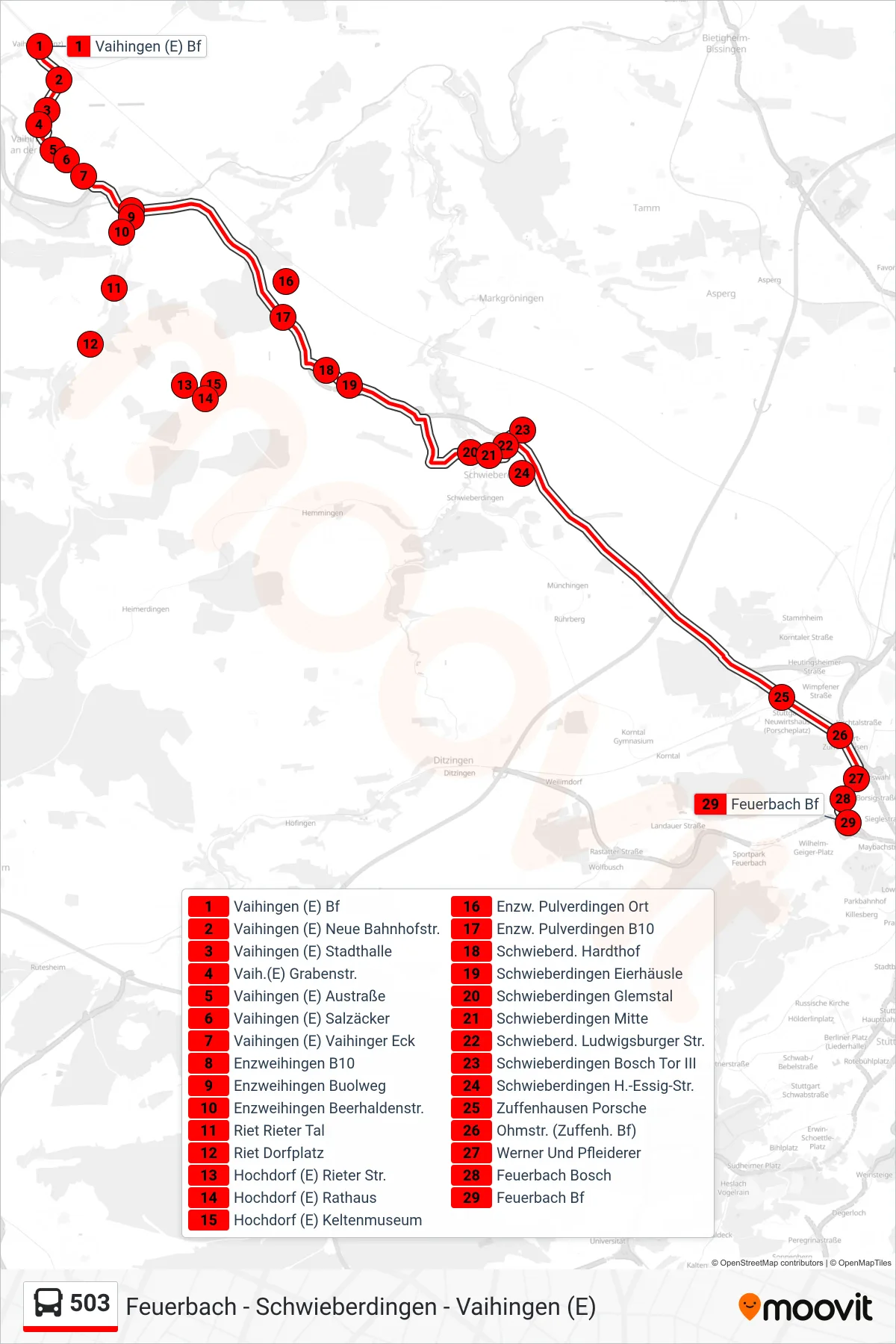 503 bus Line (Feuerbach Bf) route and stops on a map