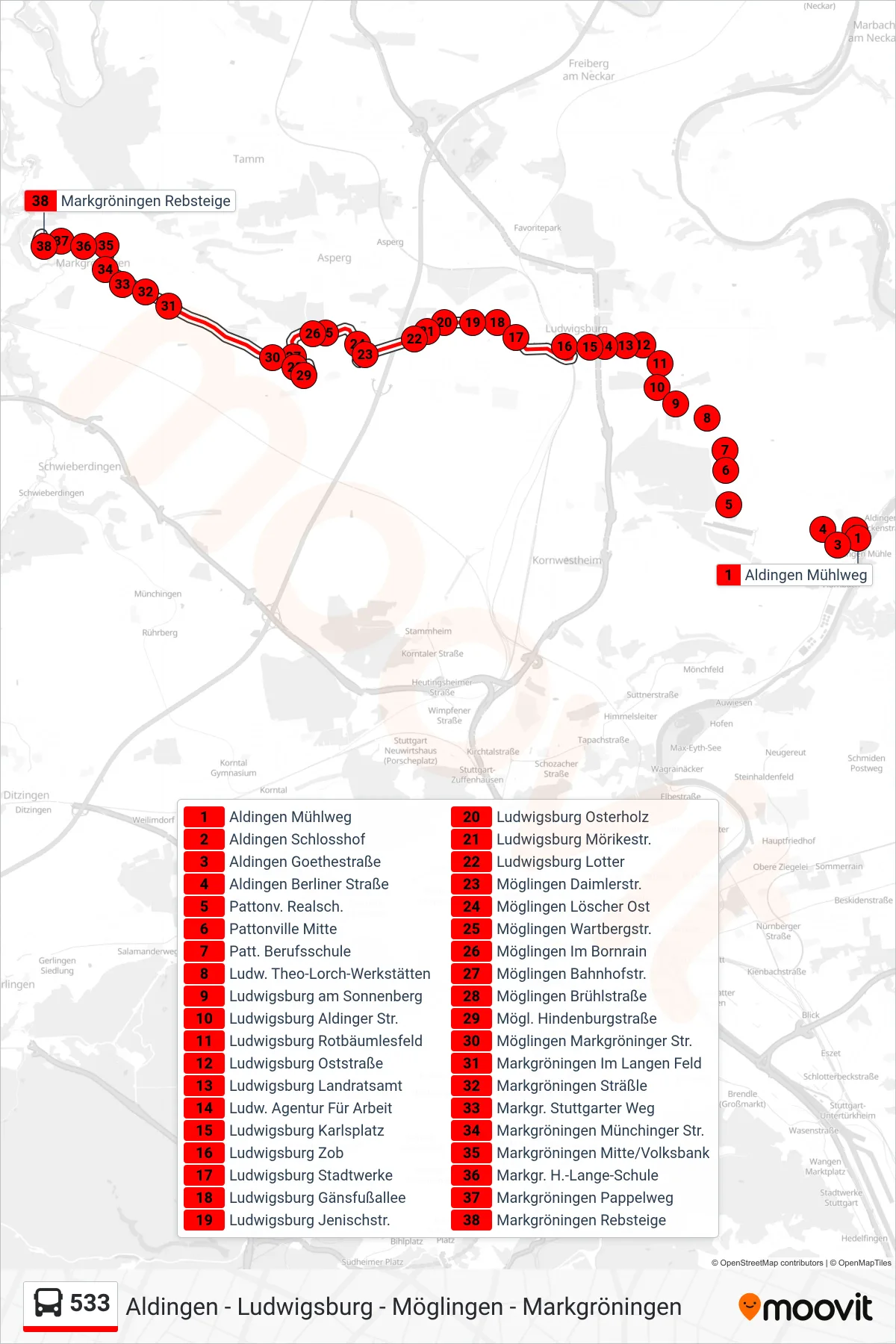 533 bus Line (Markgröningen Rebsteige) route and stops on a map
