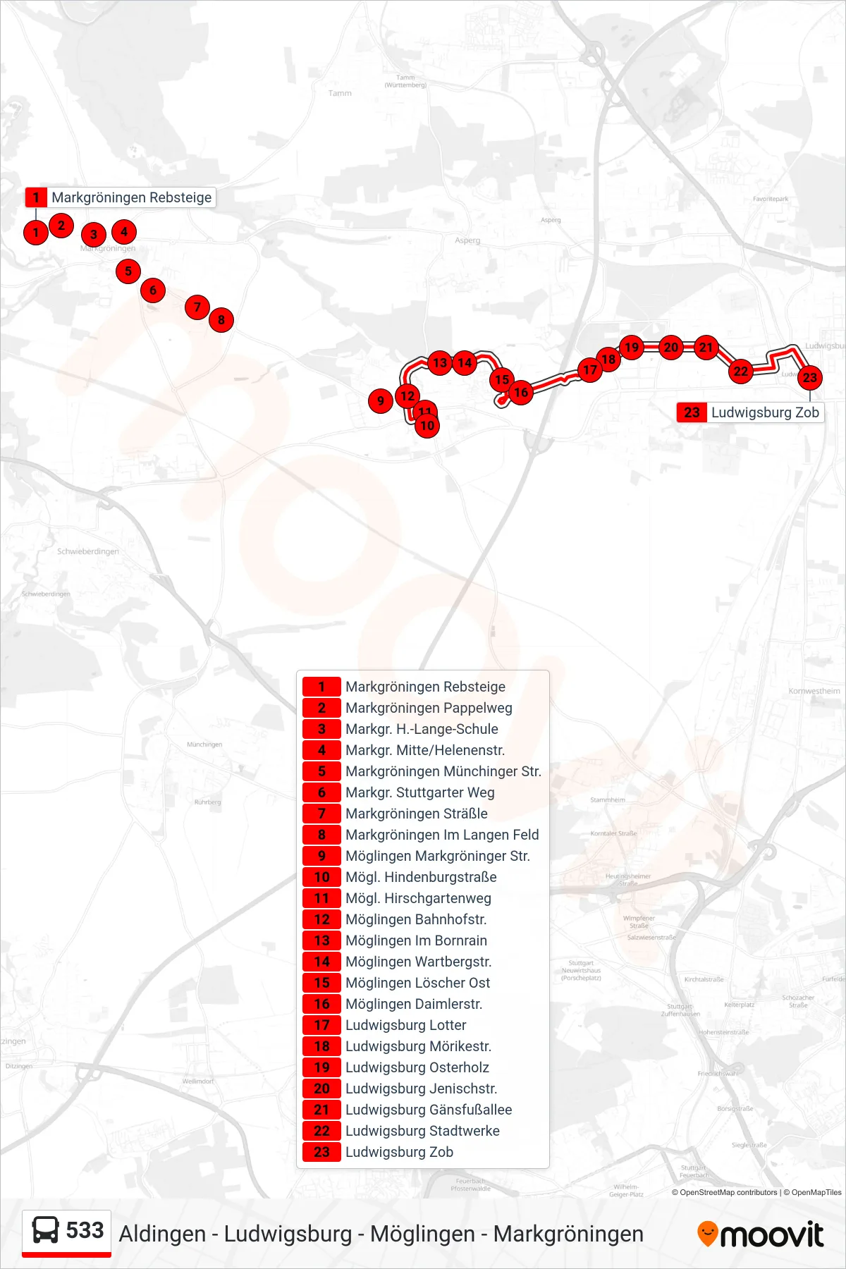 Linie 533 (Bus) Richtung Ludwigsburg Zob: Route und Haltestellen auf der Karte