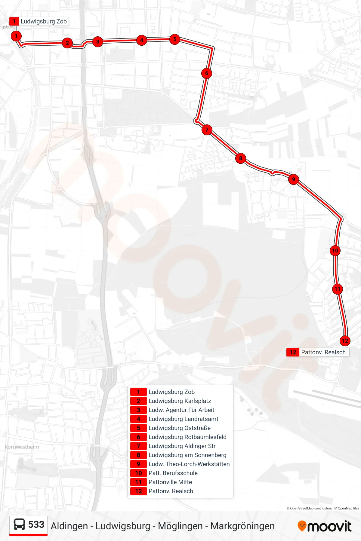 533 bus Line (Pattonv. Realsch.) route and stops on a map