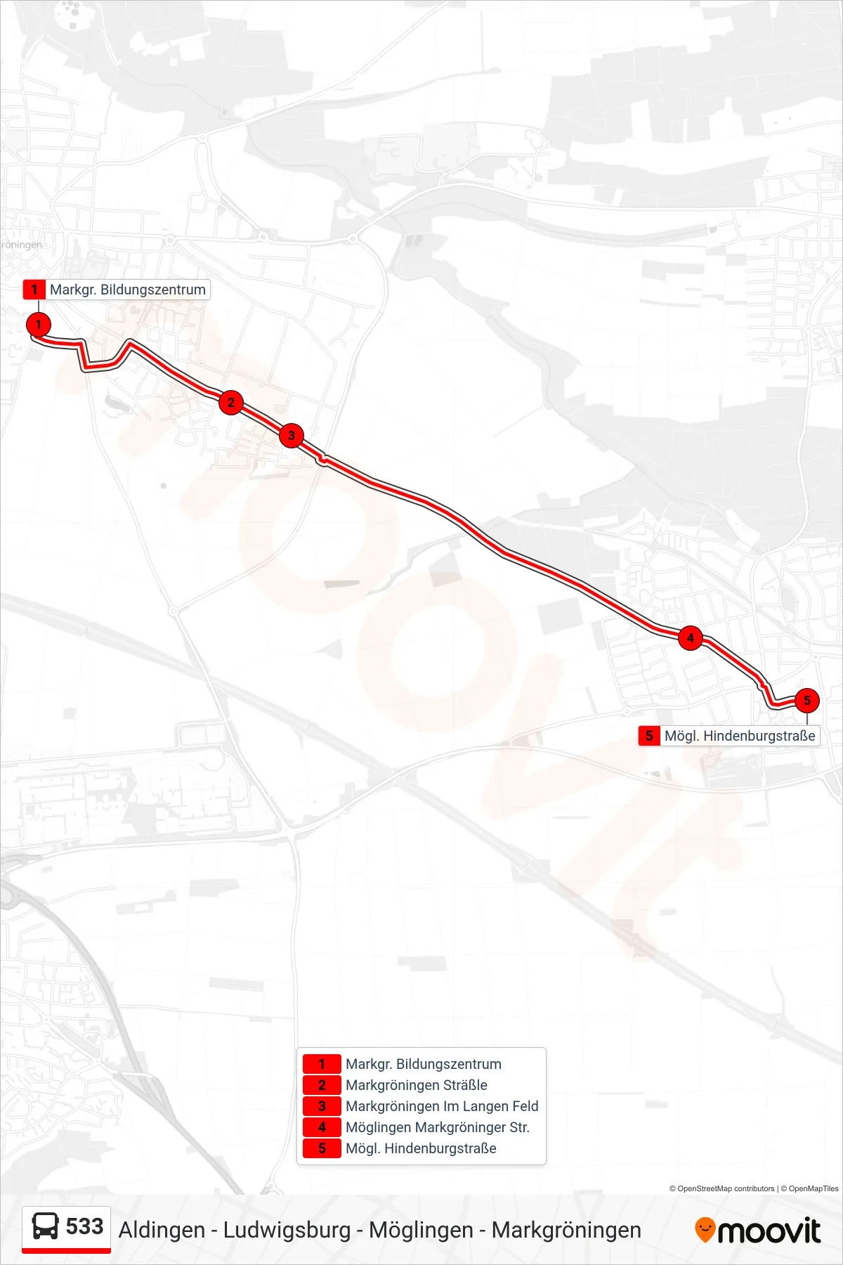 533 bus Line (Mögl. Hindenburgstraße) route and stops on a map
