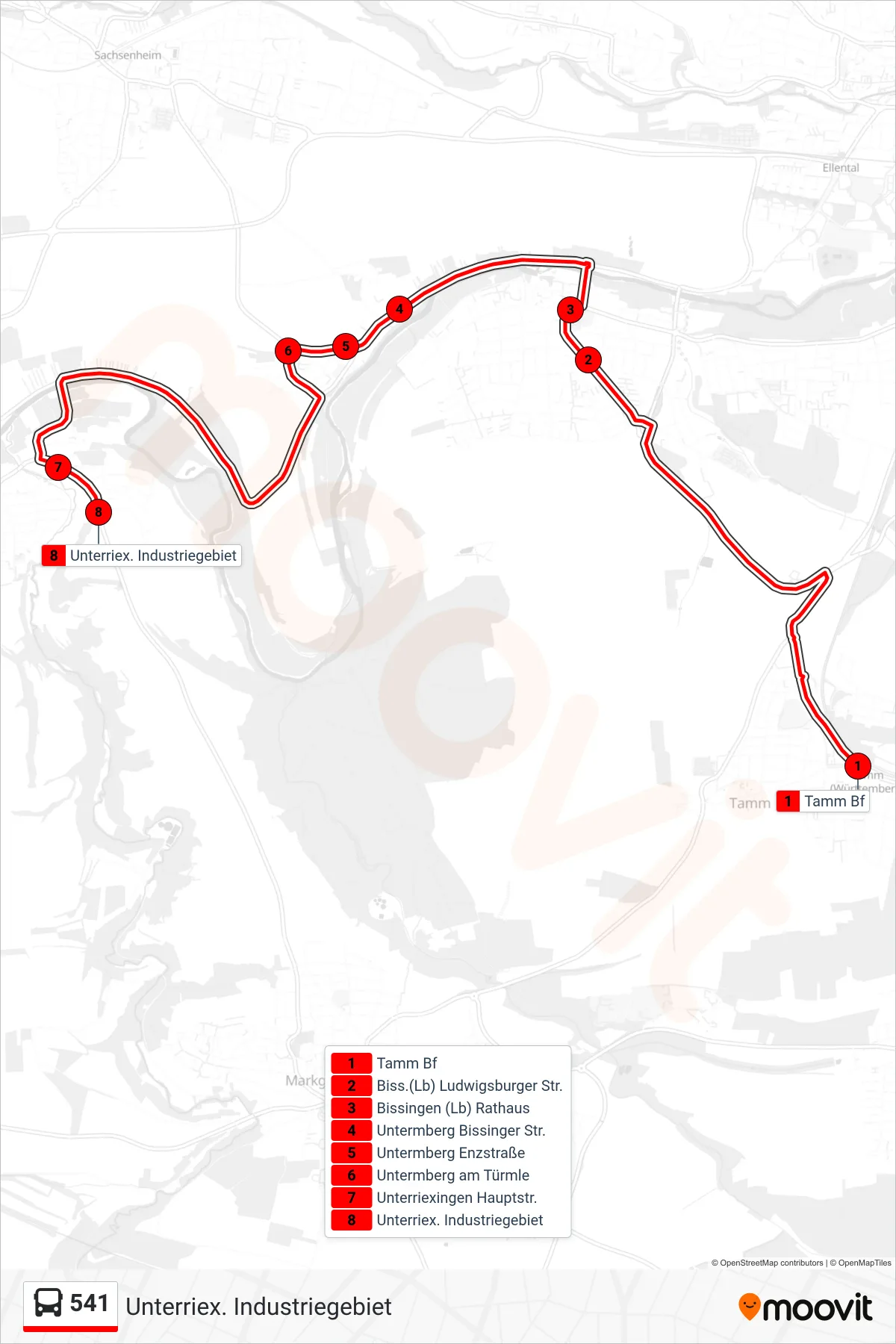 541 bus Line (Unterriex. Industriegebiet) route and stops on a map