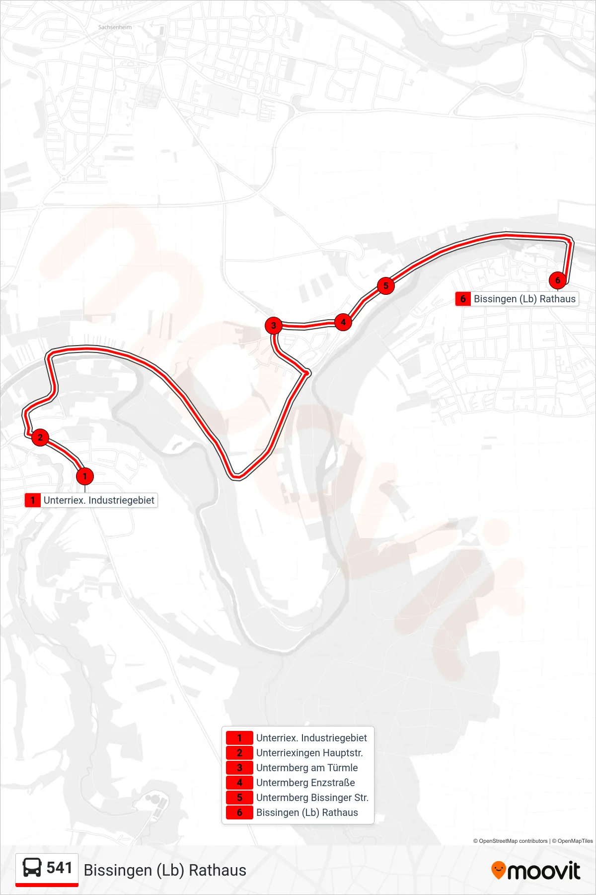 541 bus Line (Bissingen (Lb) Rathaus) route and stops on a map