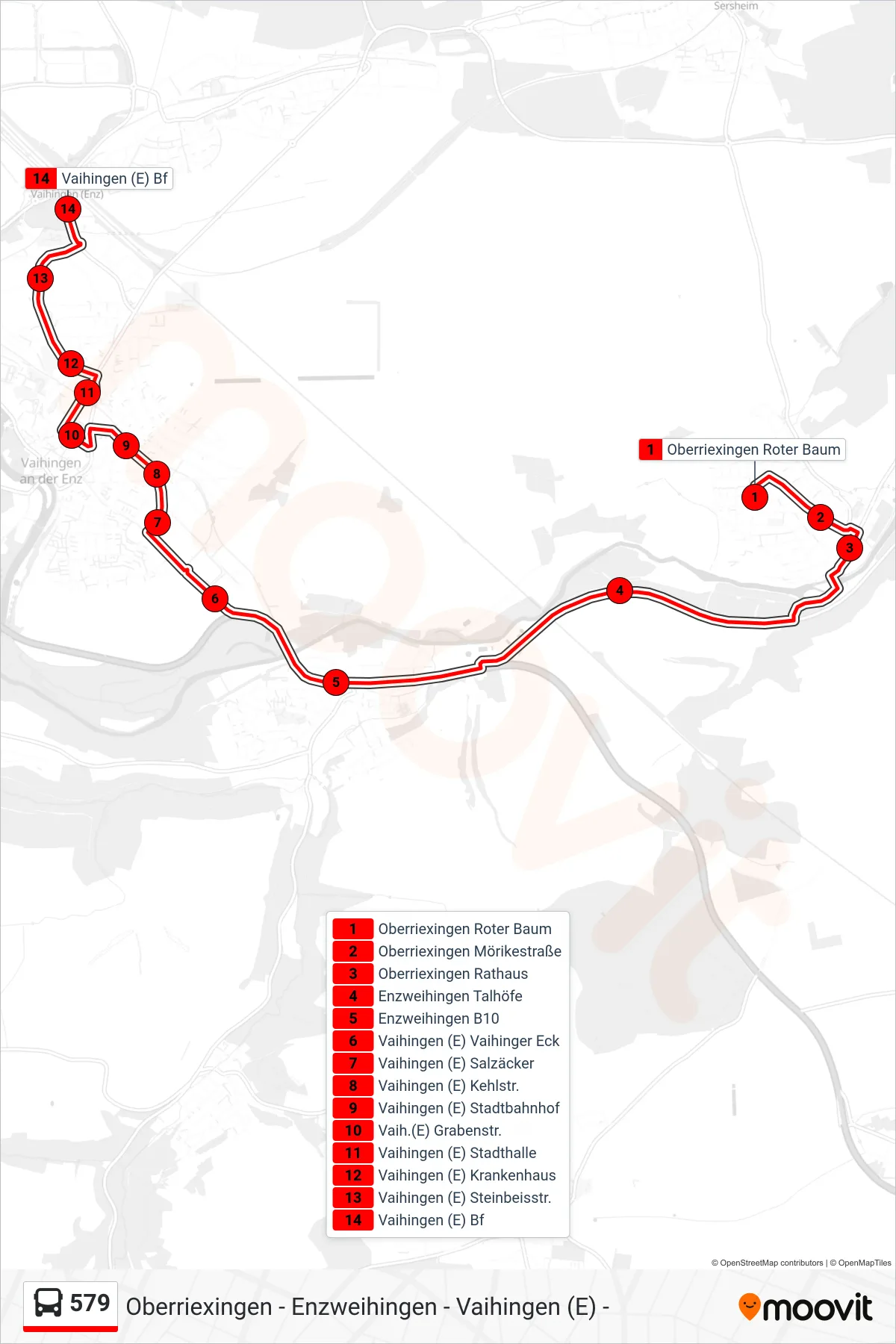579 bus Line (Vaihingen (E) Bf) route and stops on a map