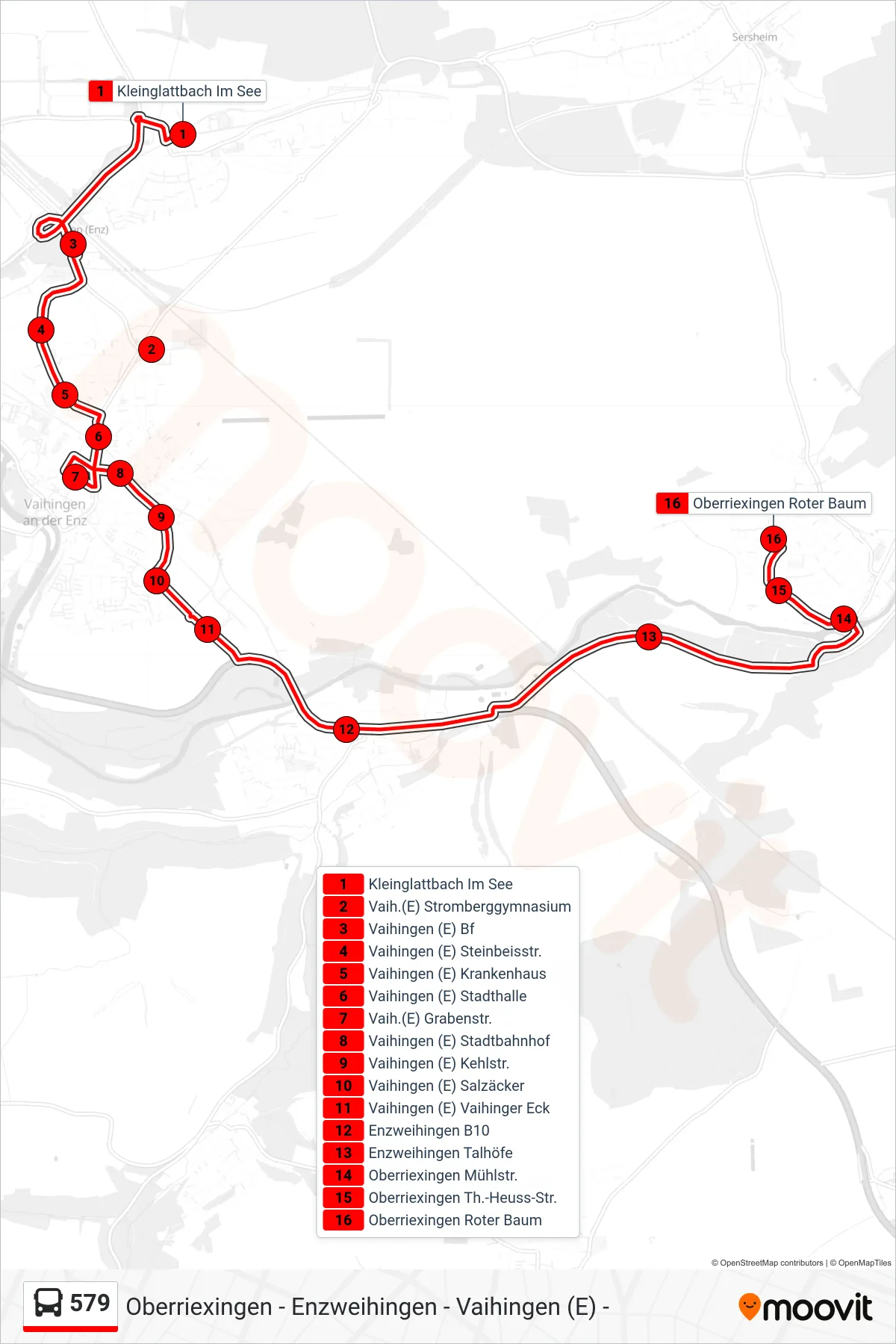 Linie 579 (Bus) Richtung Oberriexingen Roter Baum: Route und Haltestellen auf der Karte
