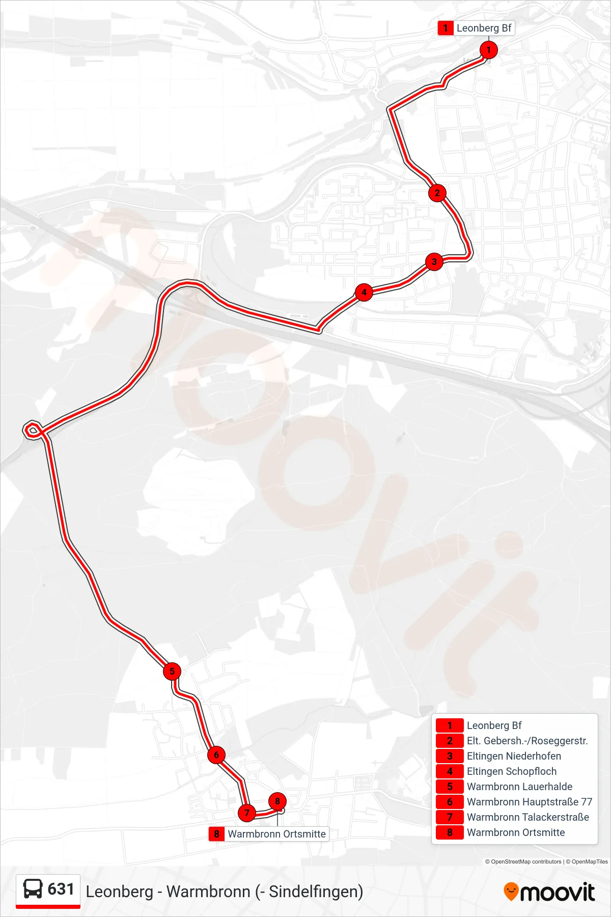 631 bus Line (Warmbronn Ortsmitte) route and stops on a map