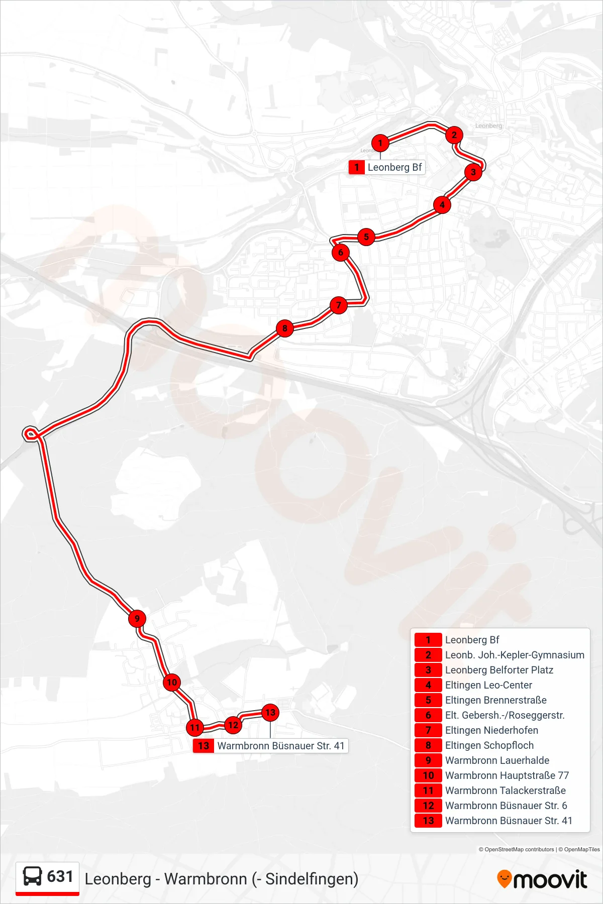 Linie 631 (Bus) Richtung Warmbronn Büsnauer Str. 41: Route und Haltestellen auf der Karte