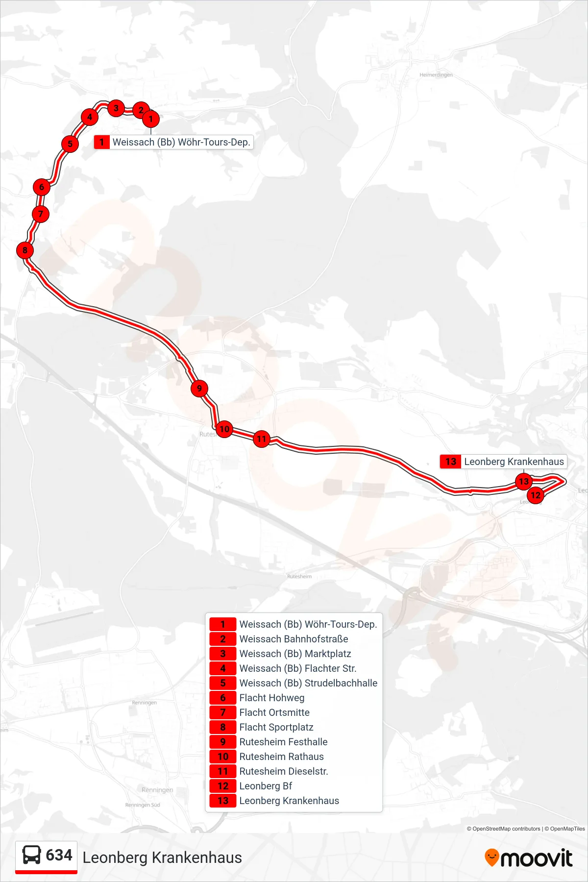 634 bus Line (Leonberg Krankenhaus) route and stops on a map