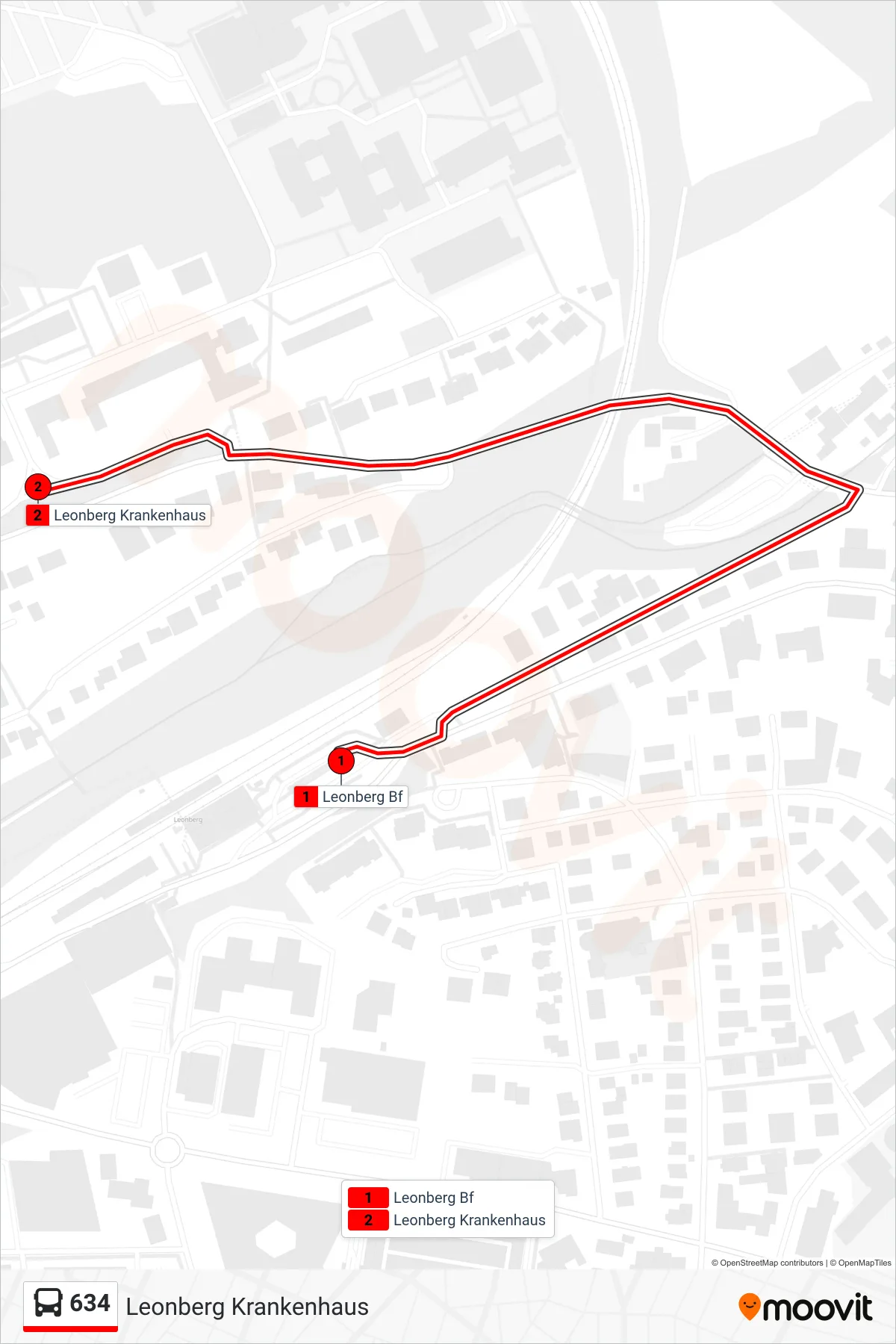 634 bus Line (Leonberg Krankenhaus) route and stops on a map